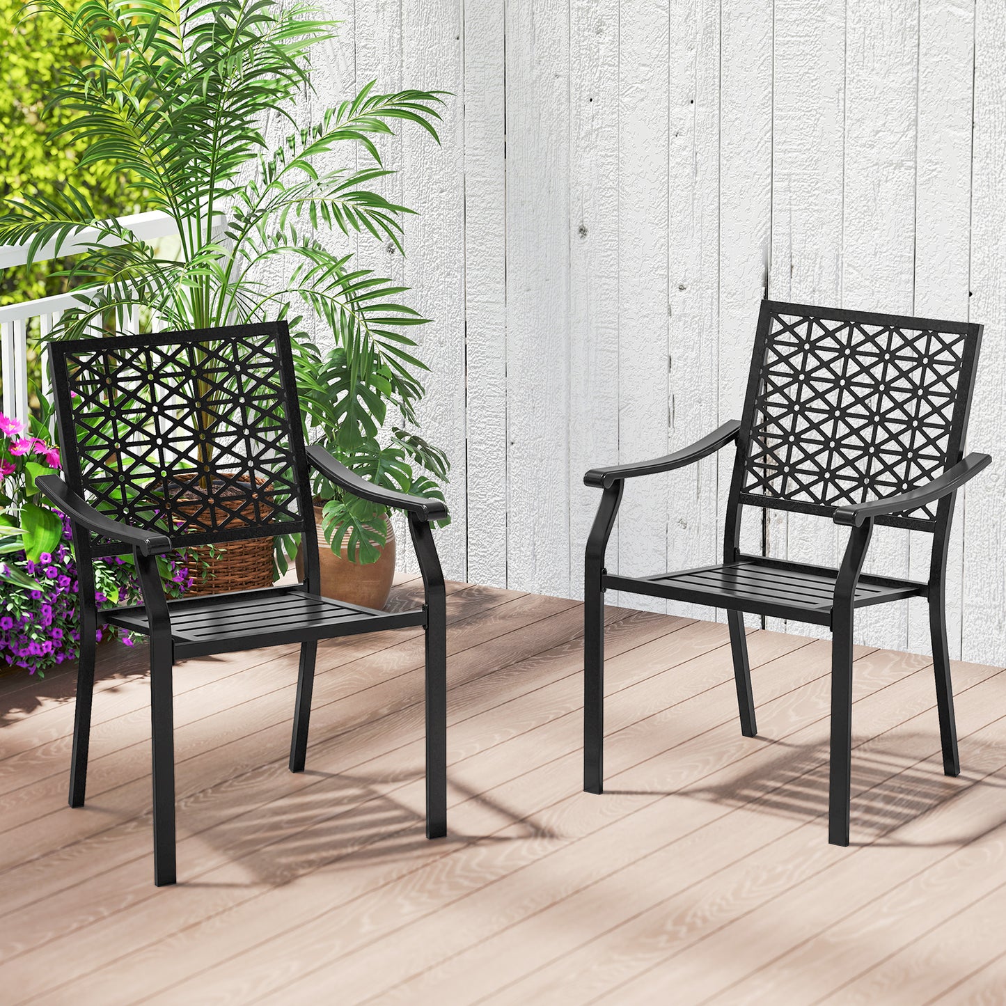 Set of 2 Patio Dining Chairs with Curved Armrests and Reinforced Steel Frame
