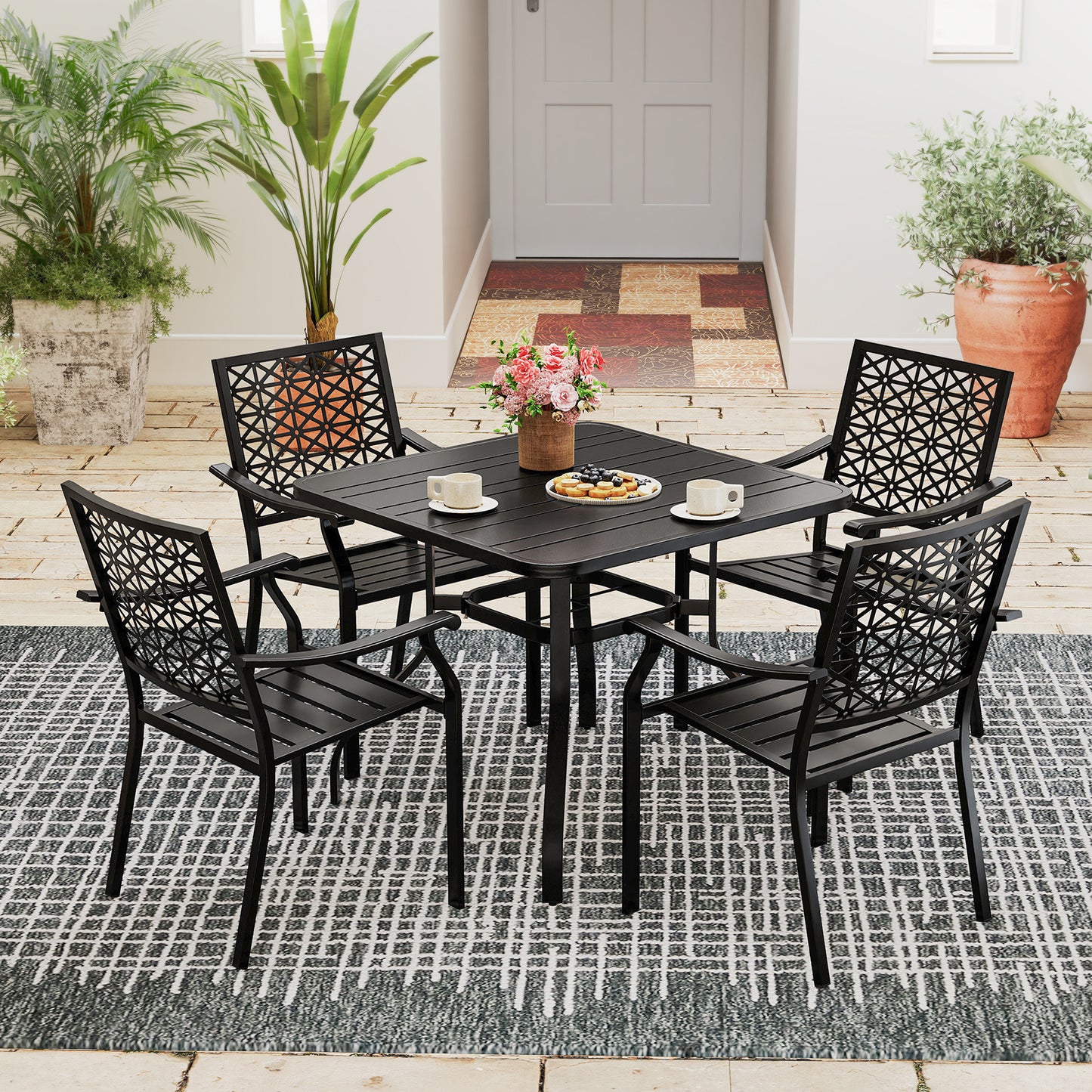Set of 2 Patio Dining Chairs with Curved Armrests and Reinforced Steel Frame