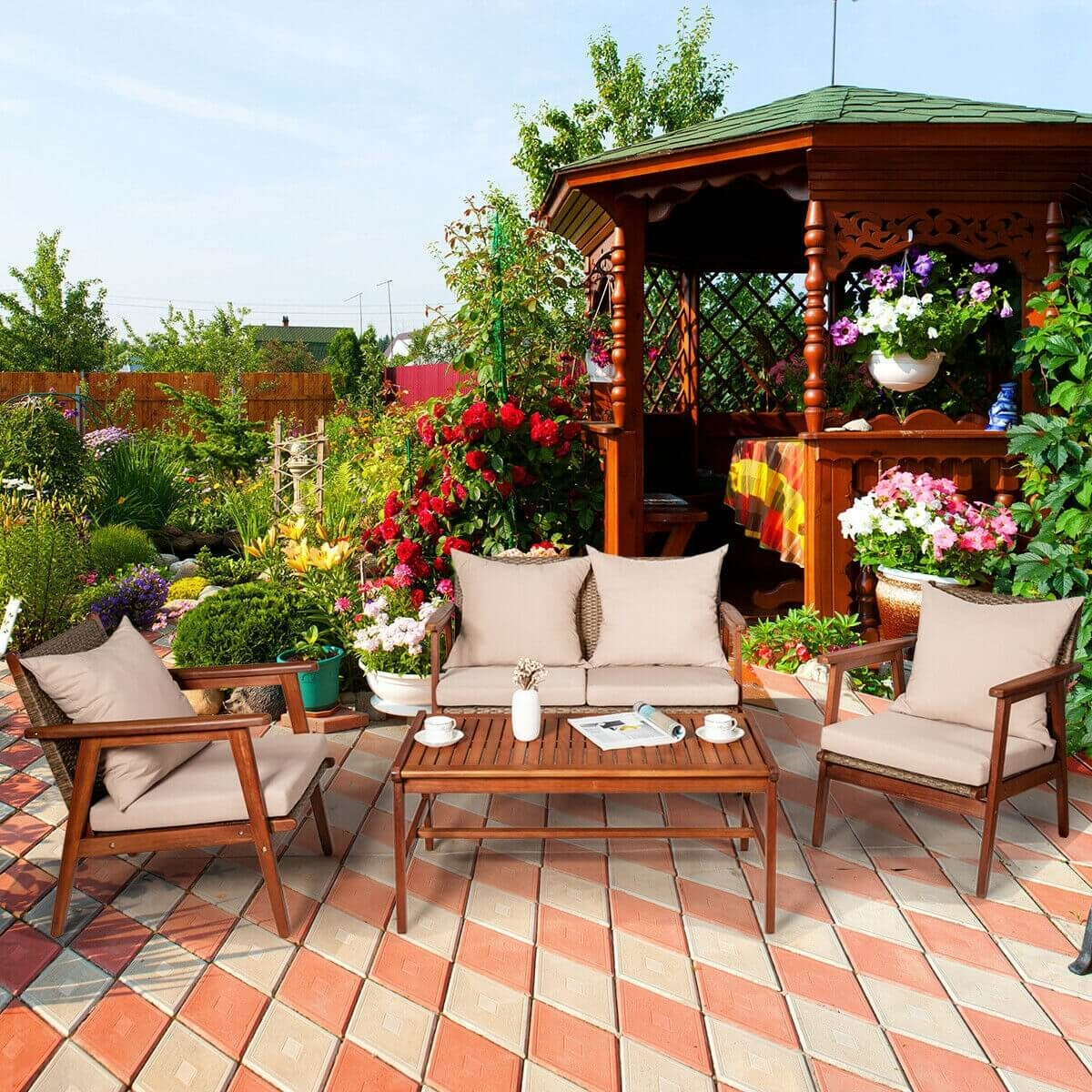 4 Pieces Acacia Wood Patio Rattan Furniture Set-Brown