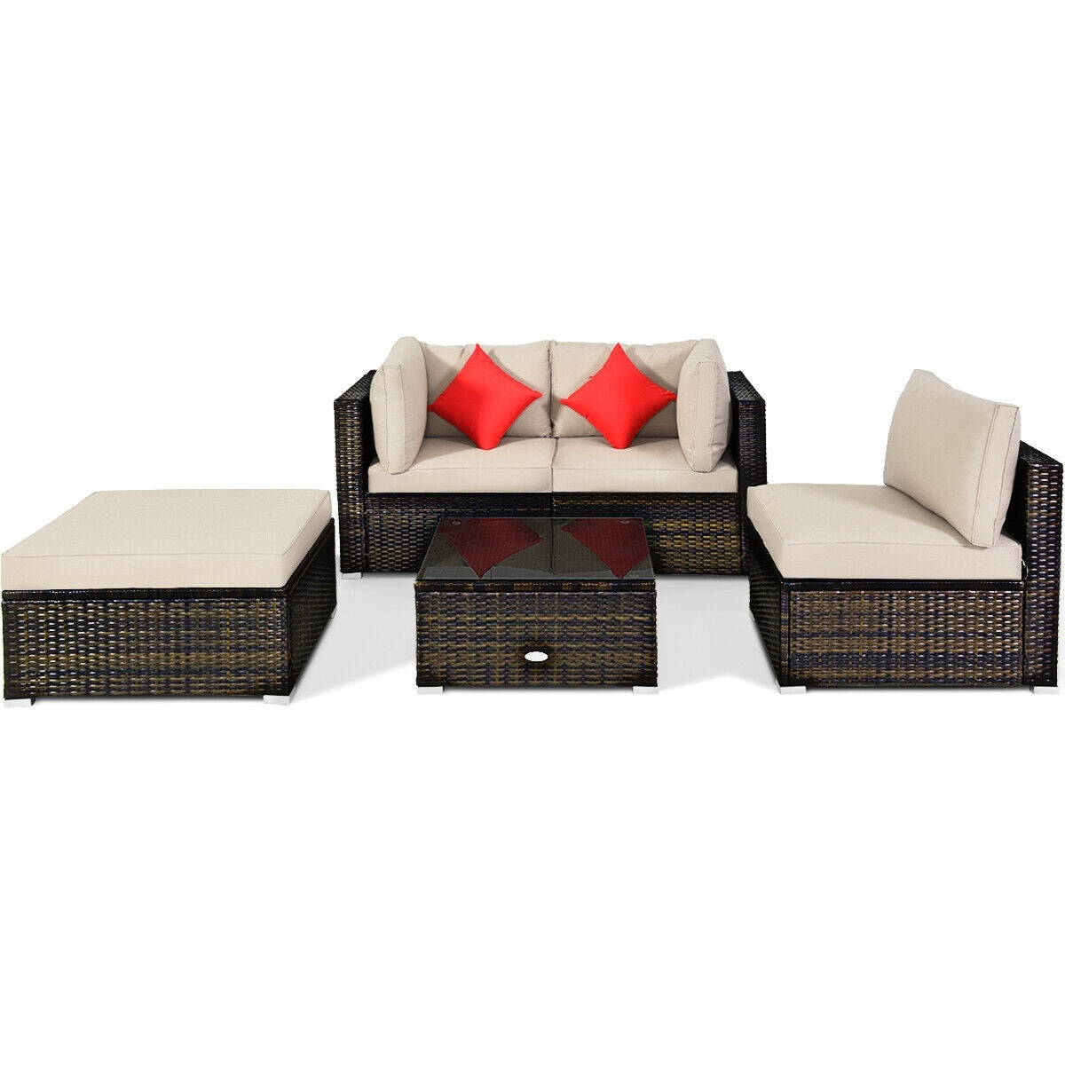 5 Pieces Outdoor Patio Rattan Furniture Set Sectional Conversation with Cushions-Beige