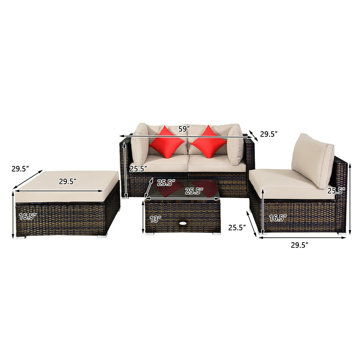 5 Pieces Outdoor Patio Rattan Furniture Set Sectional Conversation with Cushions-Beige