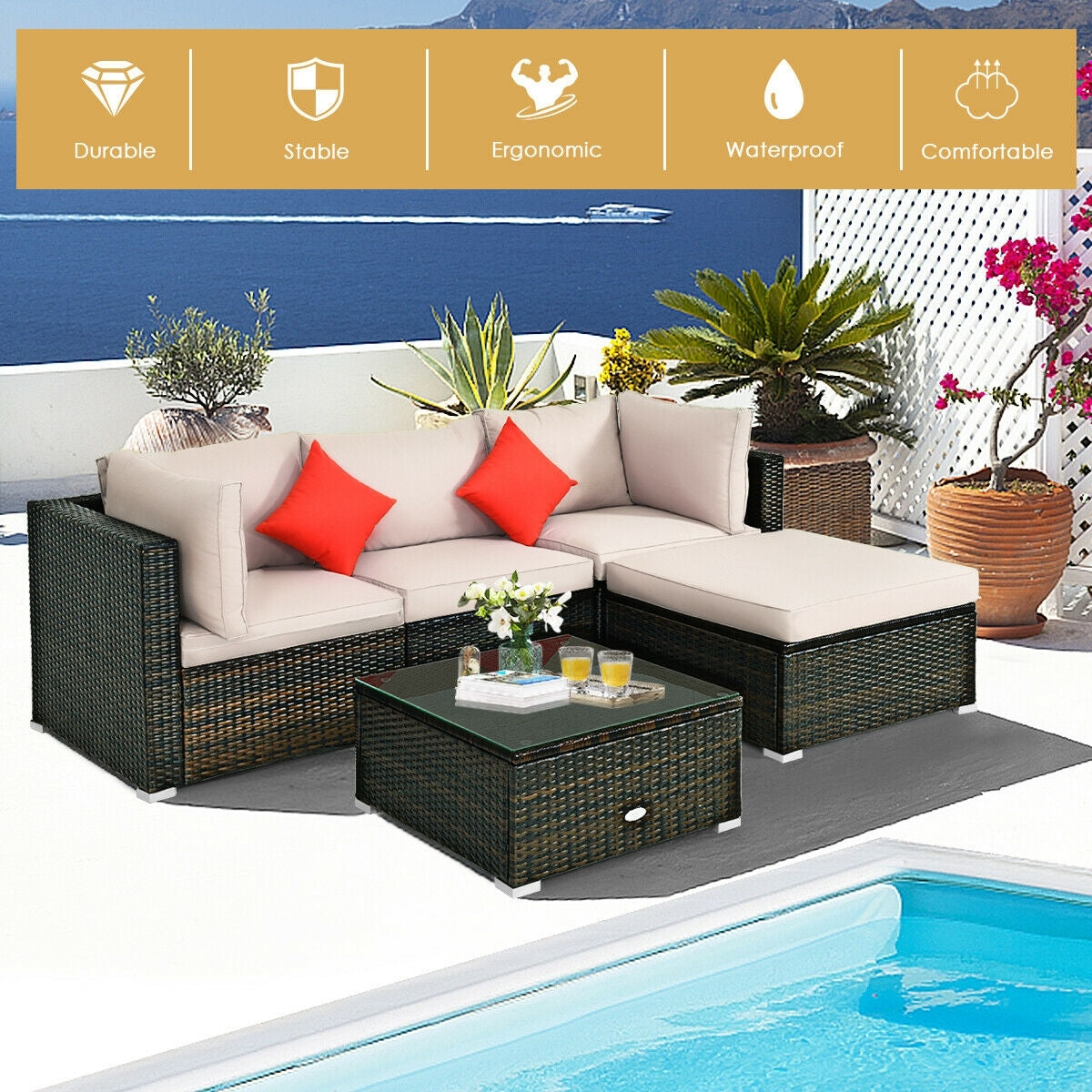5 Pieces Outdoor Patio Rattan Furniture Set Sectional Conversation with Cushions-Beige