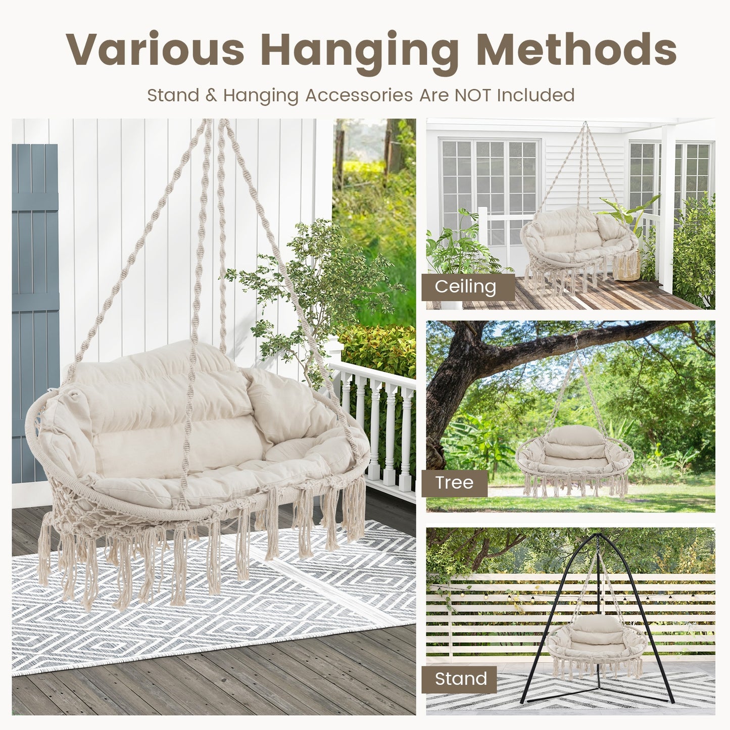Hand-Woven Rope Hanging Chair with Thick Cushion and Folding Metal Frame-Beige