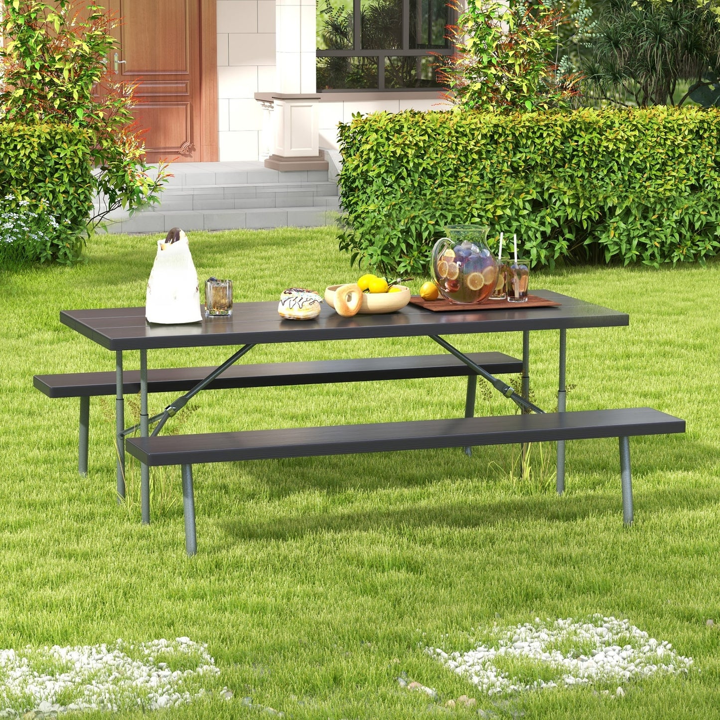 Folding Picnic Table Set with Metal Frame and All-Weather HDPE Tabletop Umbrella Hole-Black