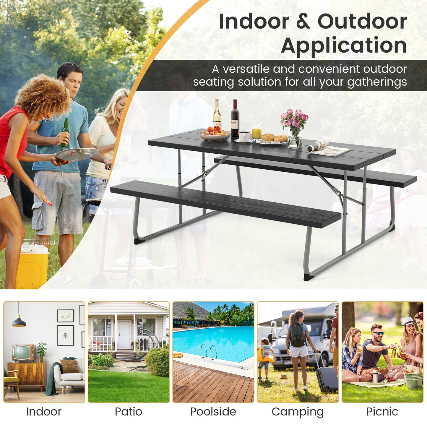 Folding Picnic Table Set with Metal Frame and All-Weather HDPE Tabletop Umbrella Hole-Black
