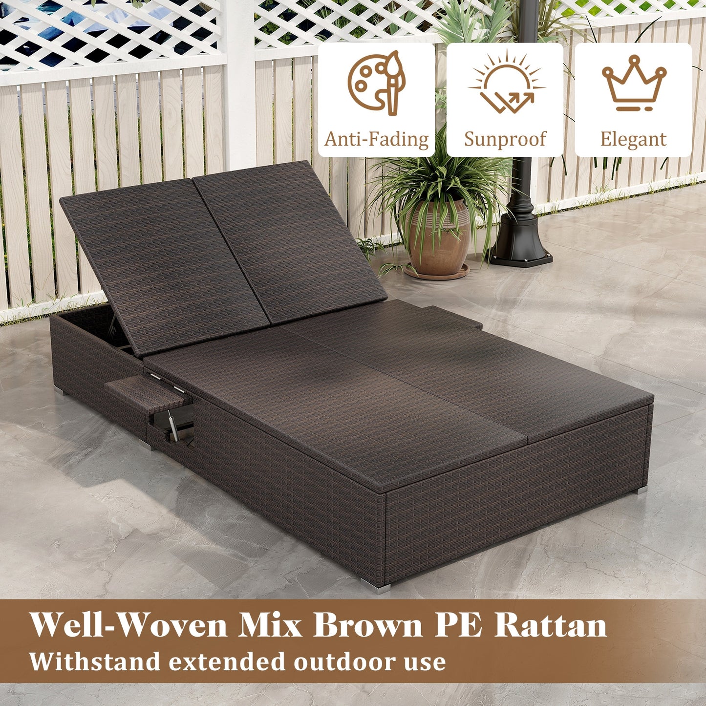 Patio Double Chaise Lounge with Cushions and Folding Side Trays-Beige