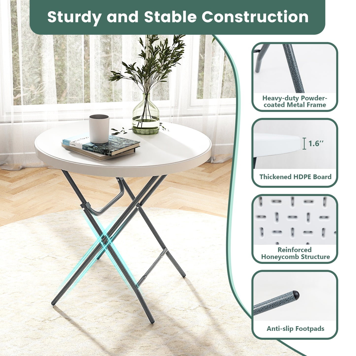 32 Inch Round Folding Table with Thick Tabletop for Picnic