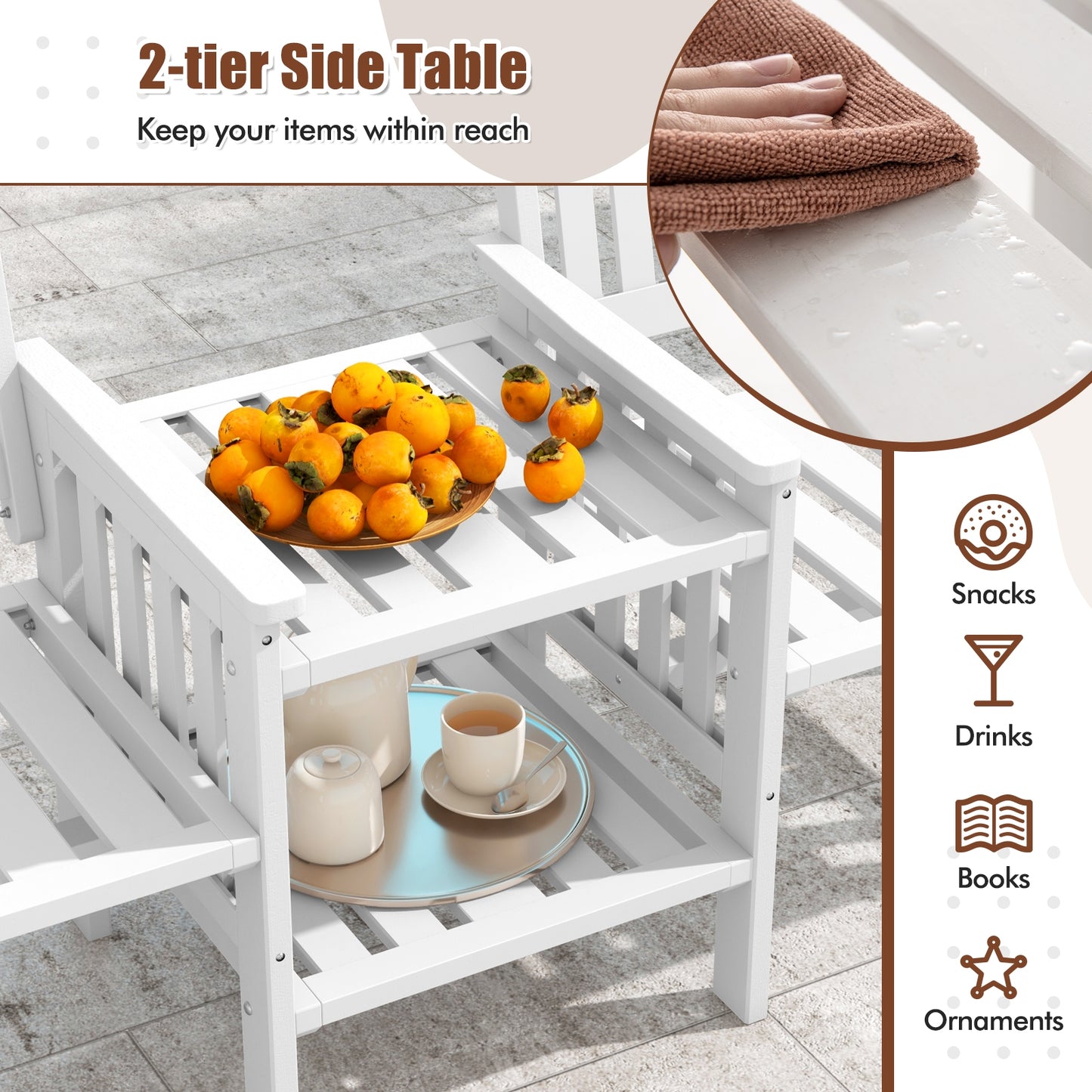 Outdoor Fir Wood Loveseat with 2-Tier Side Table and 1.96" Umbrella Hole-White