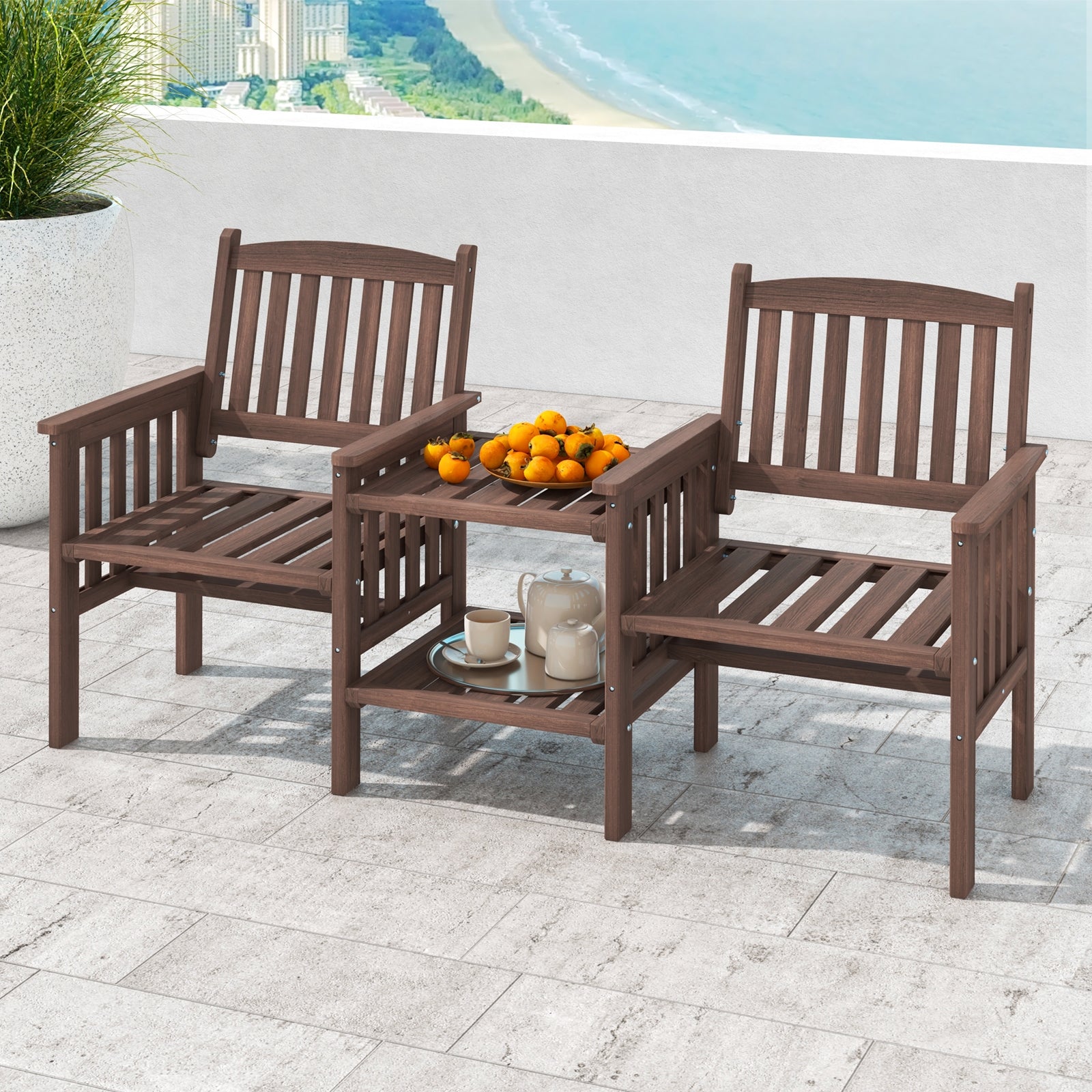 Outdoor Fir Wood Loveseat with 2-Tier Side Table and 1.96 Outdoor Fir Wood Loveseat with 2-Tier Side Table and 1.96