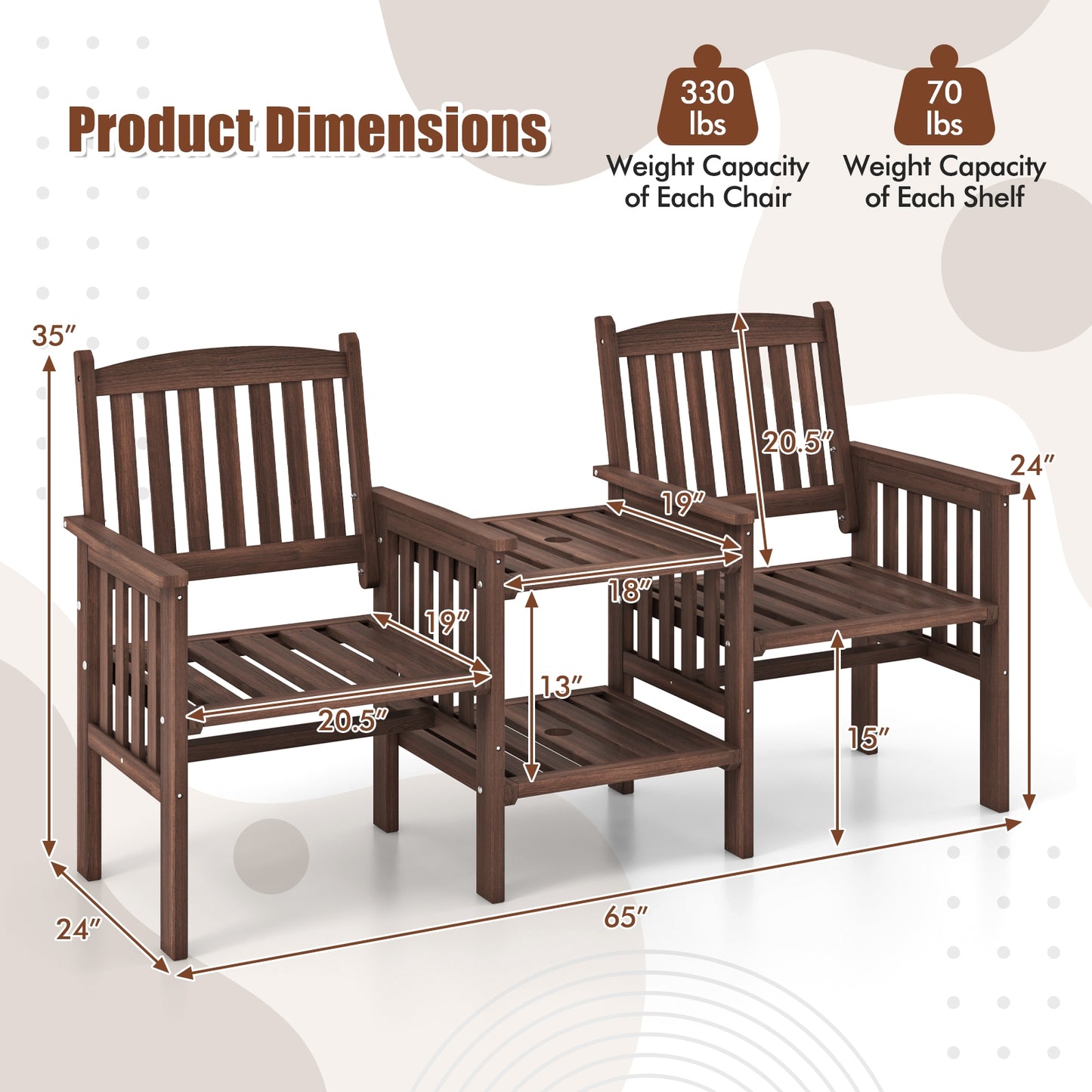 Outdoor Fir Wood Loveseat with 2-Tier Side Table and 1.96" Umbrella Hole-Coffee