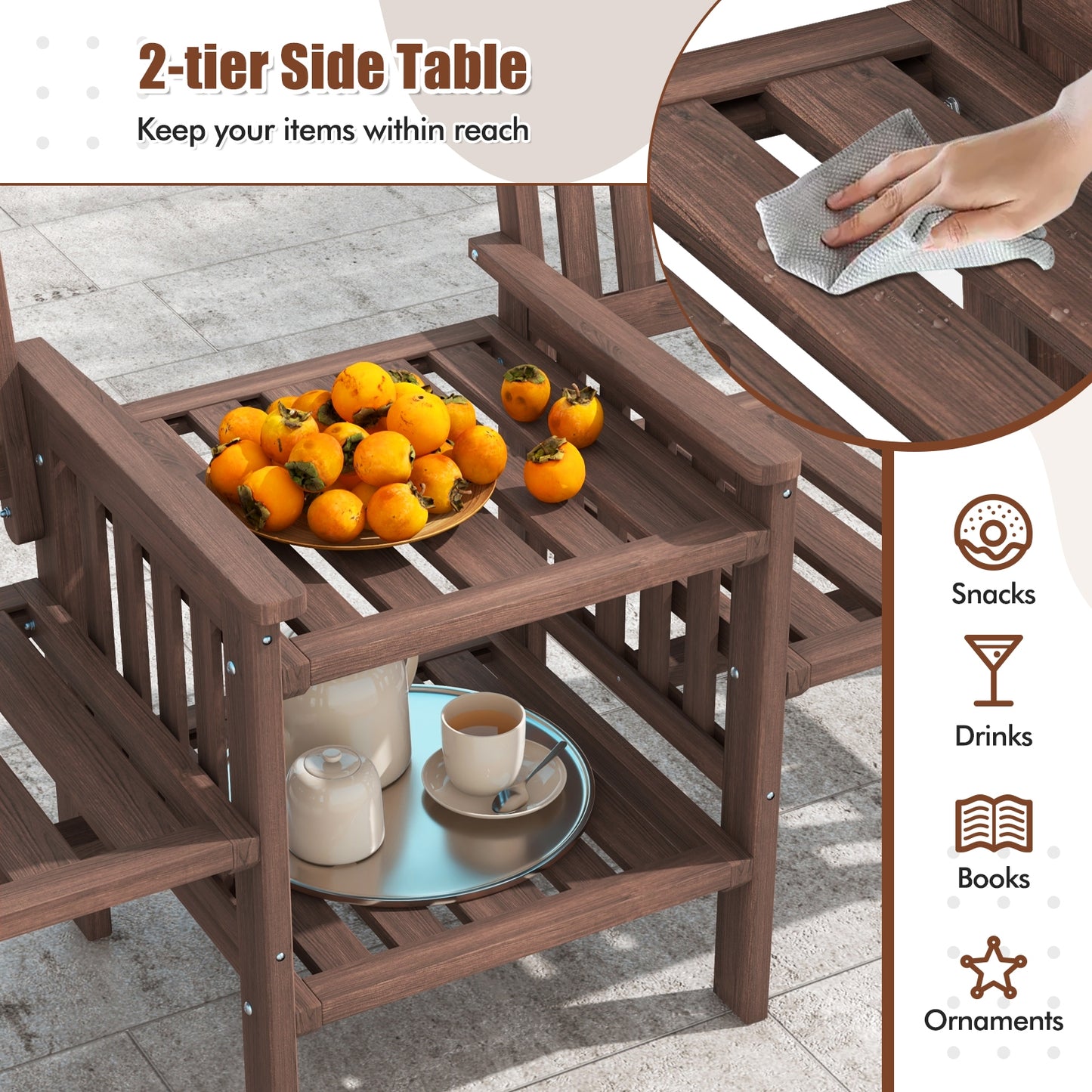 Outdoor Fir Wood Loveseat with 2-Tier Side Table and 1.96" Umbrella Hole-Coffee
