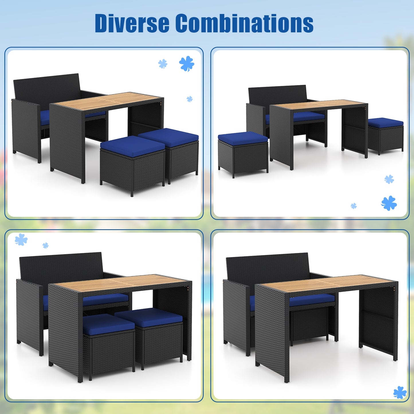 4 Piece Outdoor Dining Set with Wood Topped Dining Table Rattan Loveseat Chair and 2 Ottomans-Navy