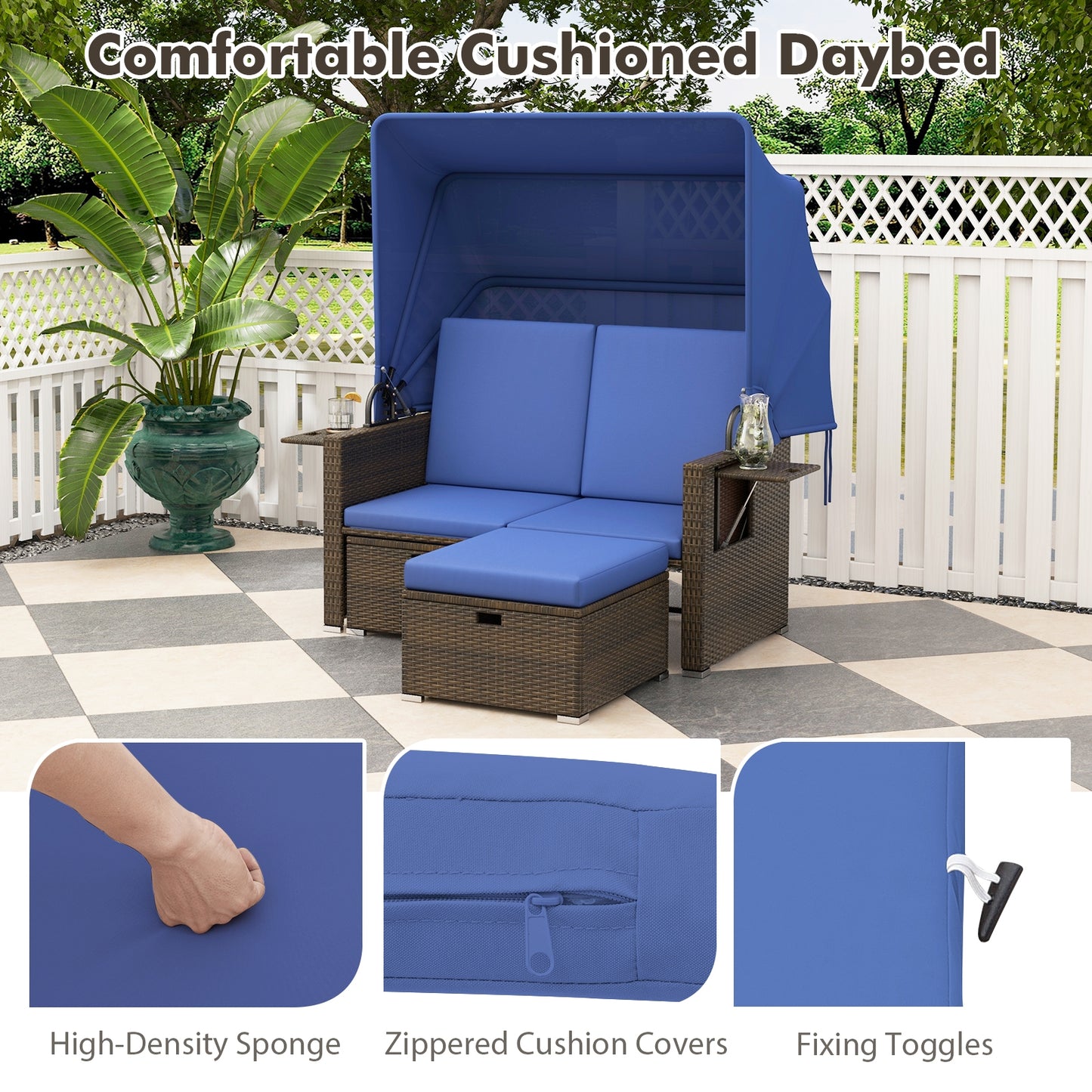 Outdoor Patio Rattan Daybed with Retractable Canopy and Adjustable Backrests-Navy