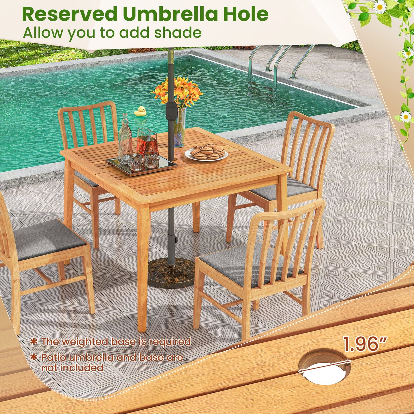 39 Inch Acacia Wood Dining Square Bistro Table with 1.96 Inch Umbrella Hole