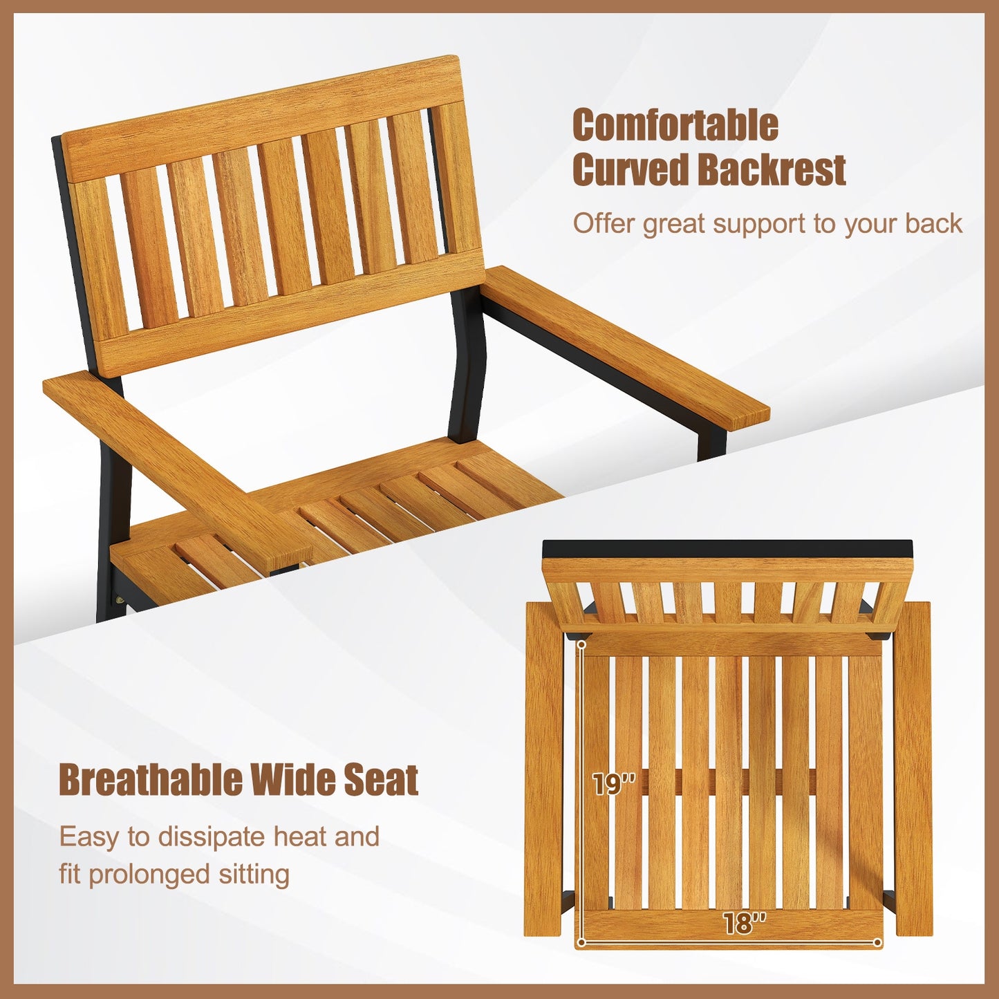 Patio Outdoor Dining Chair Set of 2 with Metal and Acacia Wood Frame