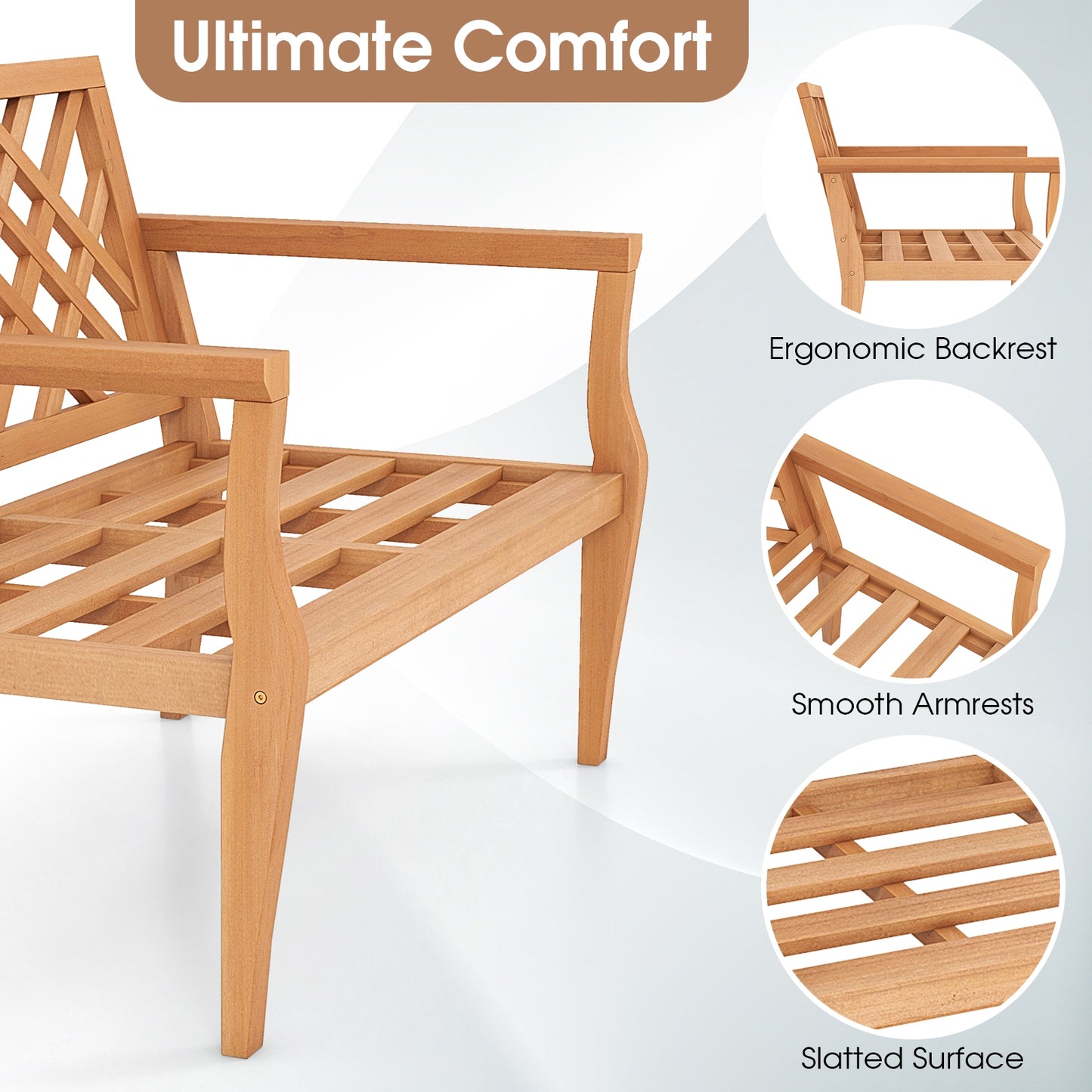 Outdoor Garden Bench 2-Person Teak Wood Bench with Comfy Armrests and Backrest