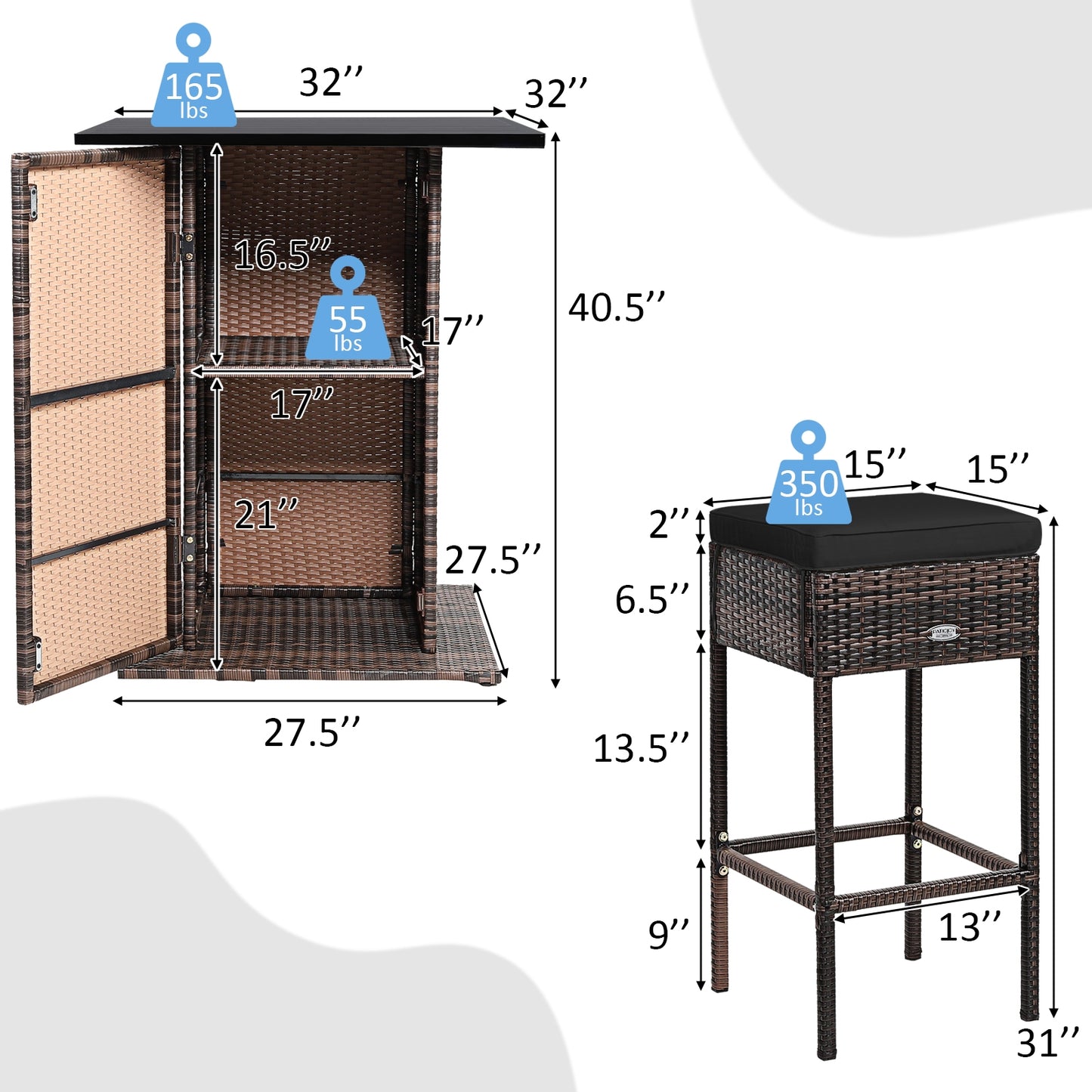 5 Pieces Patio Rattan Bar Furniture Set with Cushions and Hidden Storage Shelf-Black