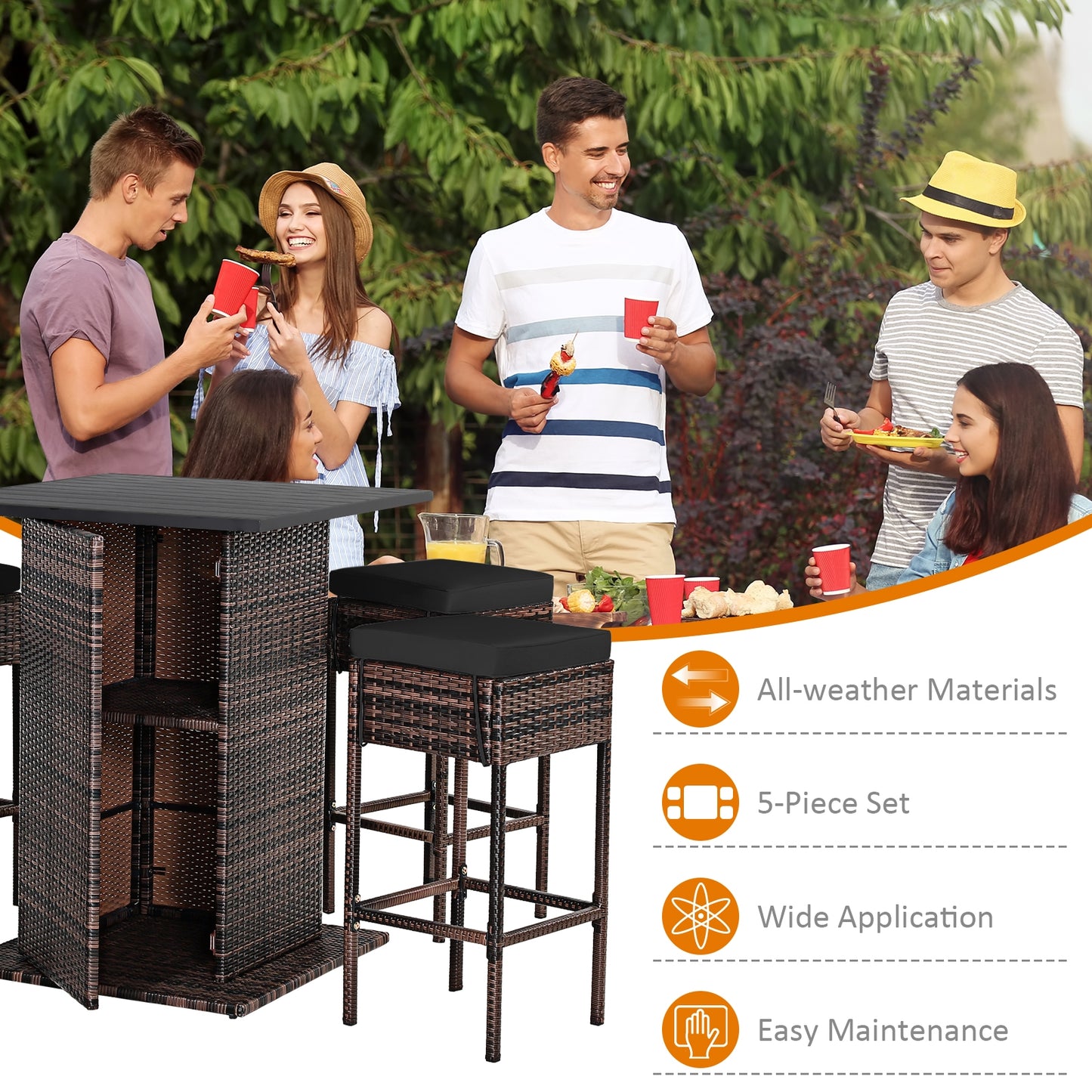 5 Pieces Patio Rattan Bar Furniture Set with Cushions and Hidden Storage Shelf-Black