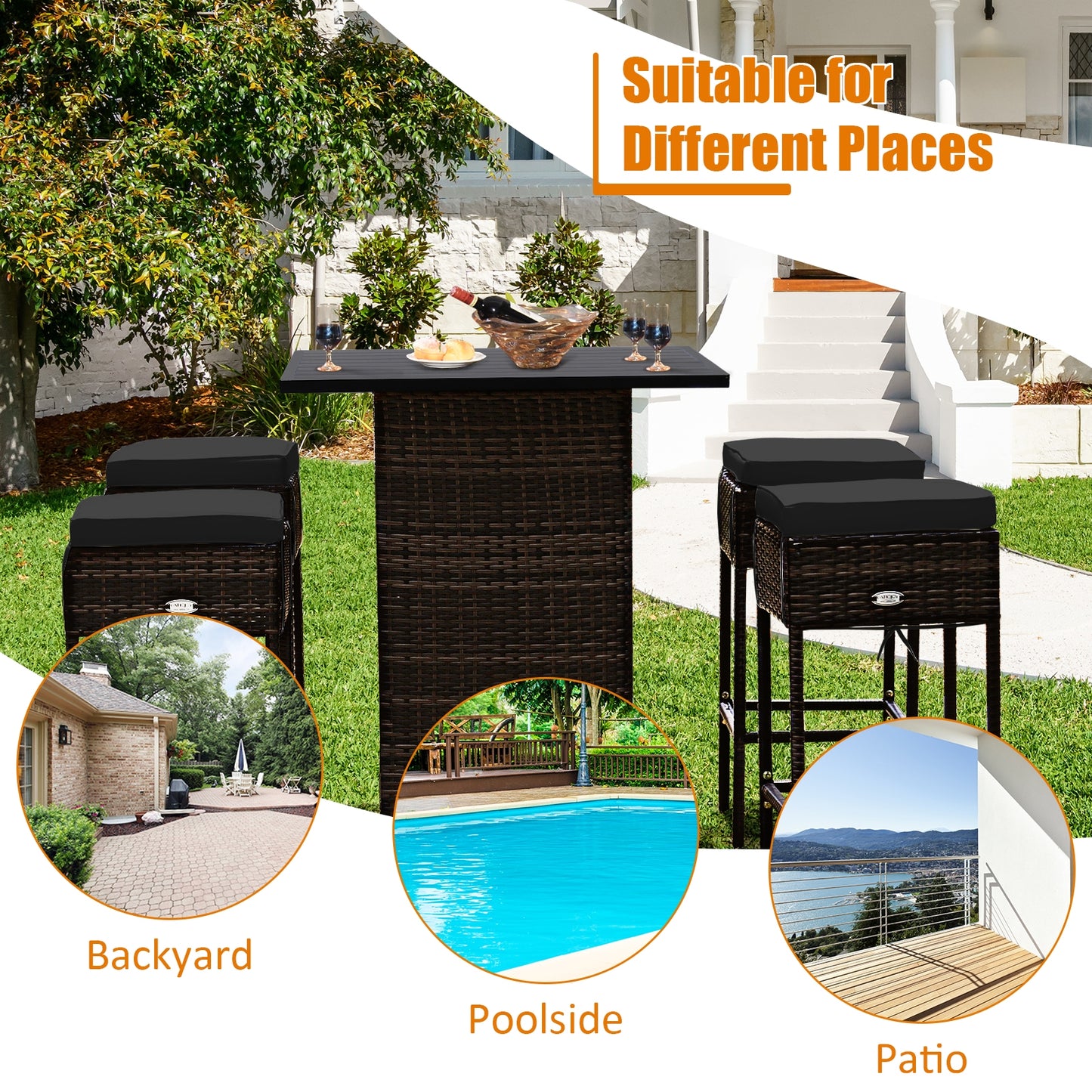 5 Pieces Patio Rattan Bar Furniture Set with Cushions and Hidden Storage Shelf-Black