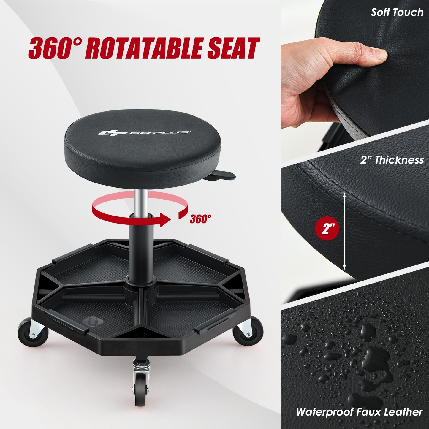330 LBS Capacity Pneumatic Rolling Mechanic Stool with Padded Seat-Black