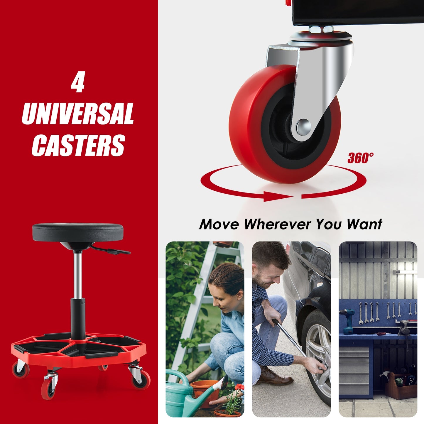 330 LBS Capacity Pneumatic Rolling Mechanic Stool with Padded Seat-Red