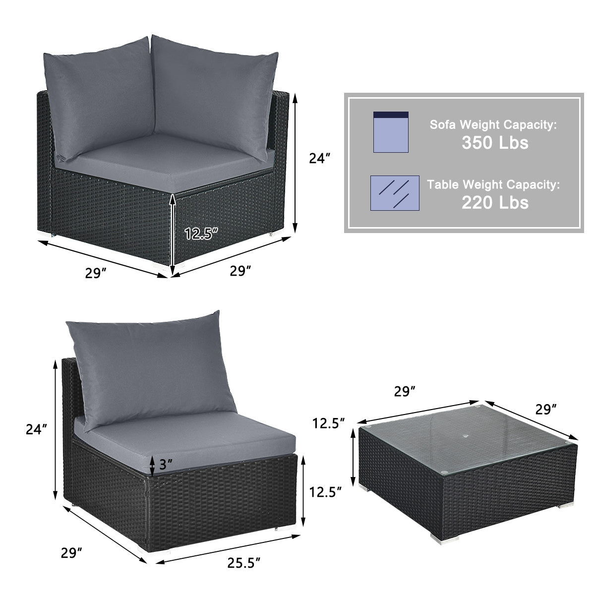 7 Pieces Sectional Wicker Furniture Sofa Set with Tempered Glass Top Coffee Table-Gray