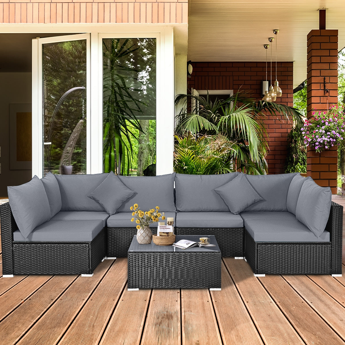 7 Pieces Sectional Wicker Furniture Sofa Set with Tempered Glass Top Coffee Table-Gray