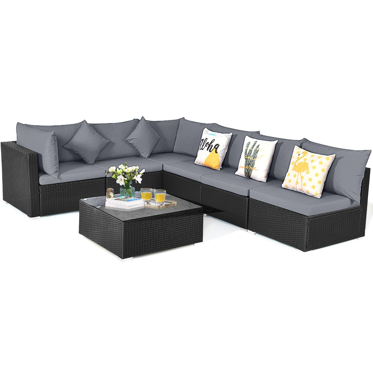 7 Pieces Sectional Wicker Furniture Sofa Set with Tempered Glass Top Coffee Table-Gray