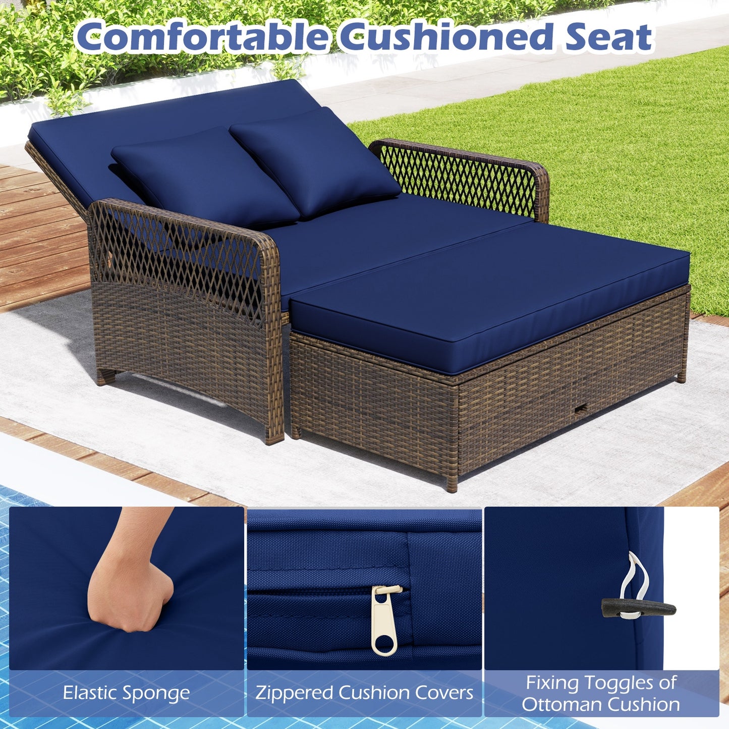 Patio Adjustable Wicker Daybed with 4-Level Backrest and Soft Cushions-Navy