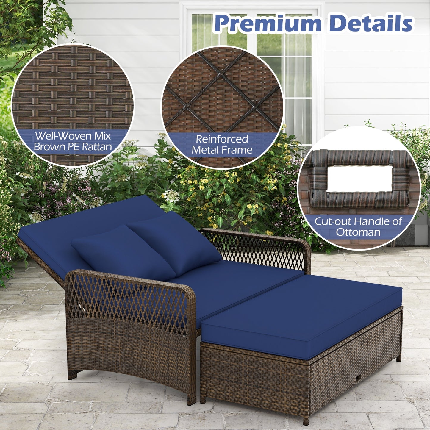 Patio Adjustable Wicker Daybed with 4-Level Backrest and Soft Cushions-Navy