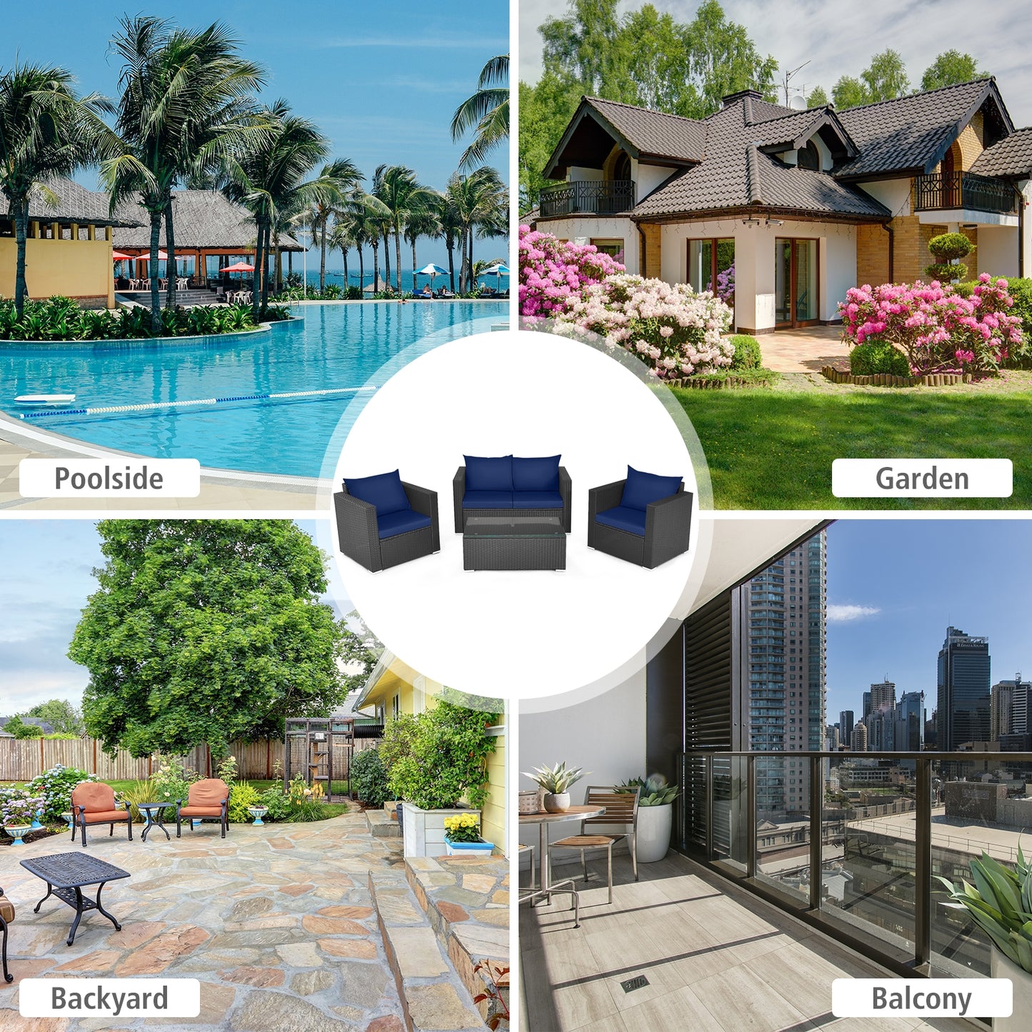 4 Pieces Patio Rattan Conversation Set with Padded Cushions-Navy