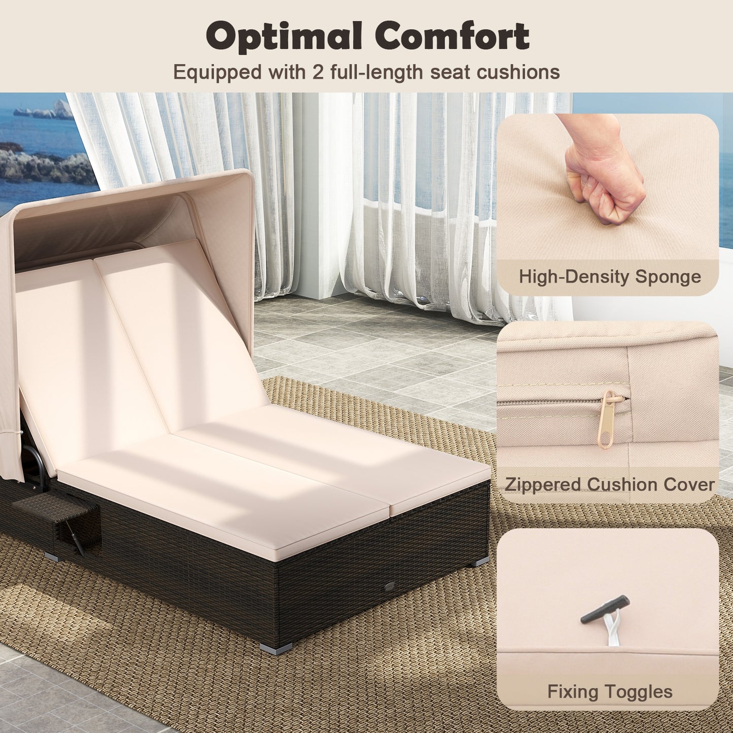 Patio Double Chaise Lounge with Shade Cushions and Folding Side Trays-Beige