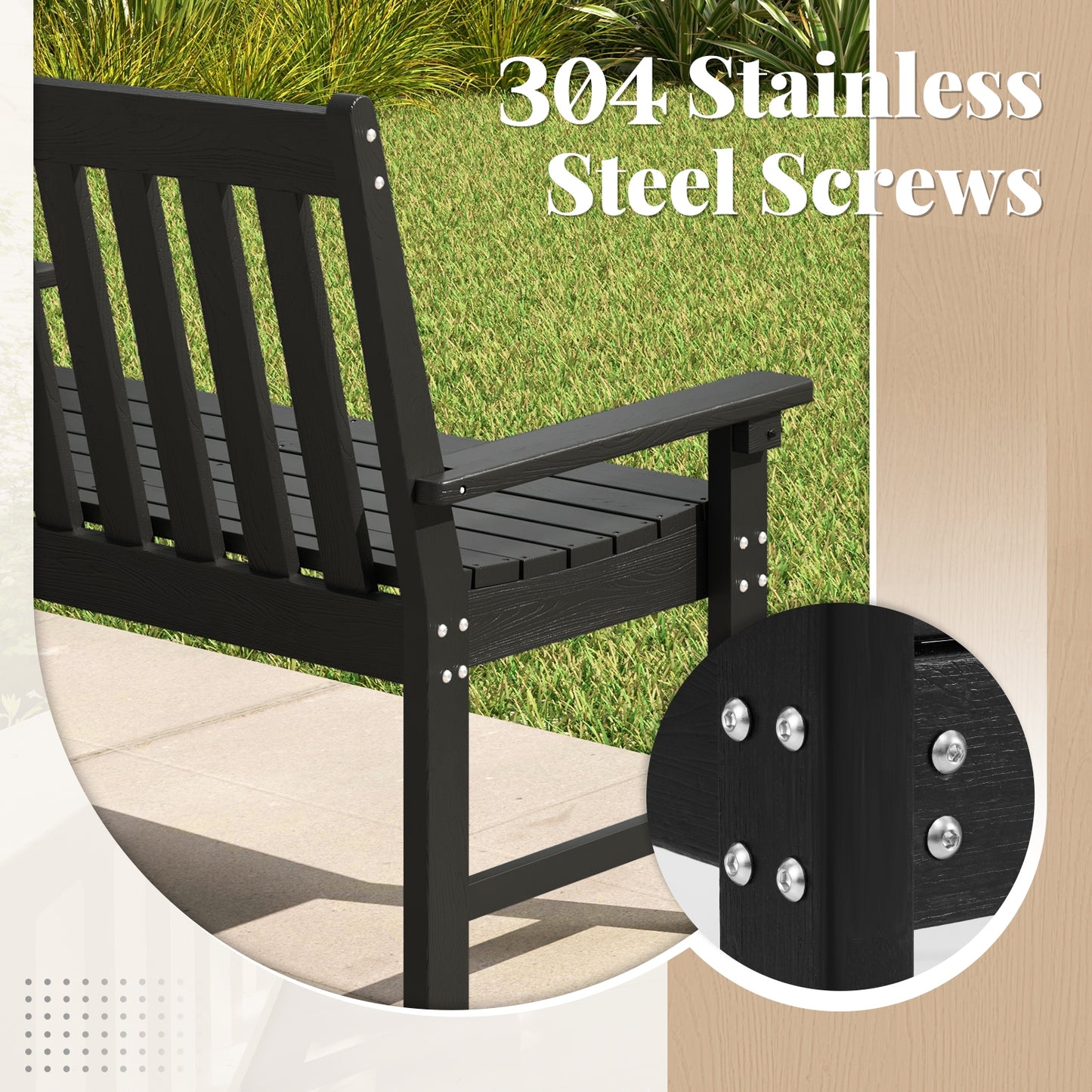 52 Inch All-Weather HDPE Outdoor Bench with Backrest and Armrests-Black