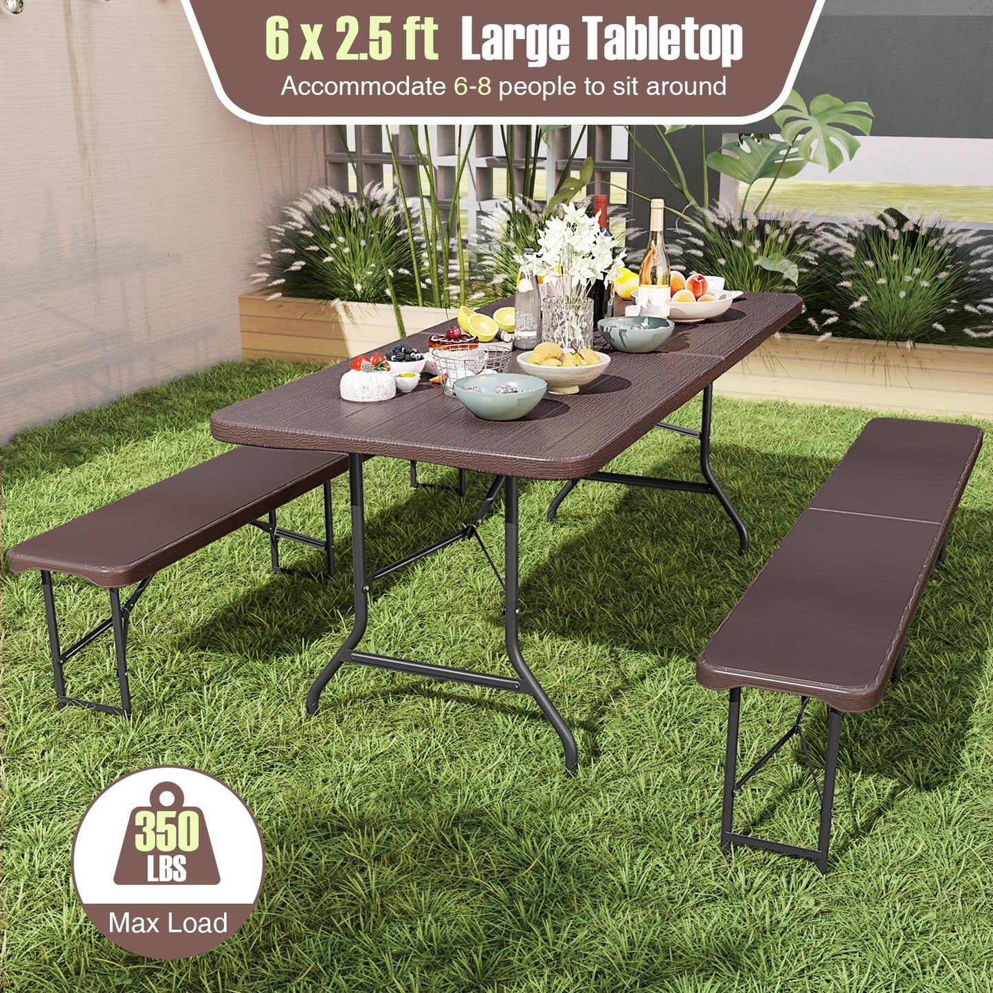 6 Feet Folding Table with Wood Grain HDPE Tabletop and Safe Lock Mechanism-Brown