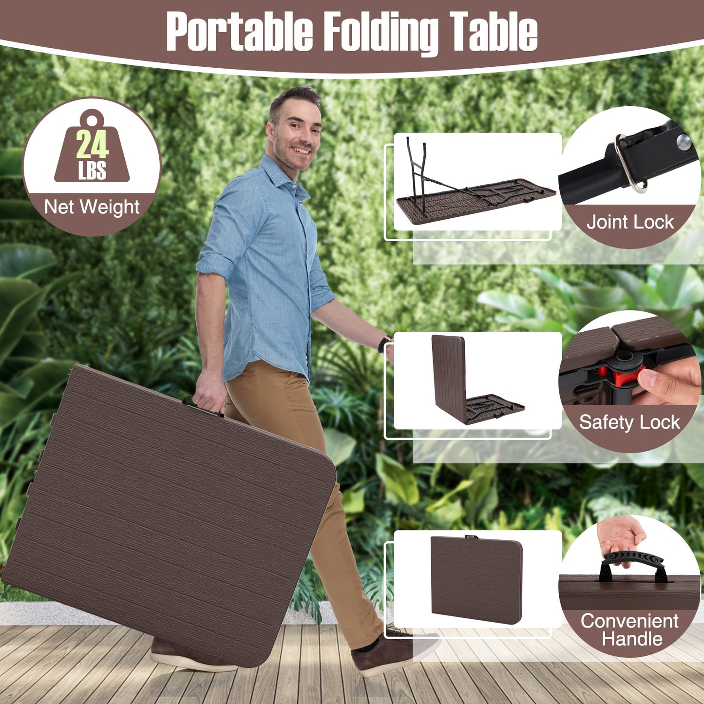 6 Feet Folding Table with Wood Grain HDPE Tabletop and Safe Lock Mechanism-Brown