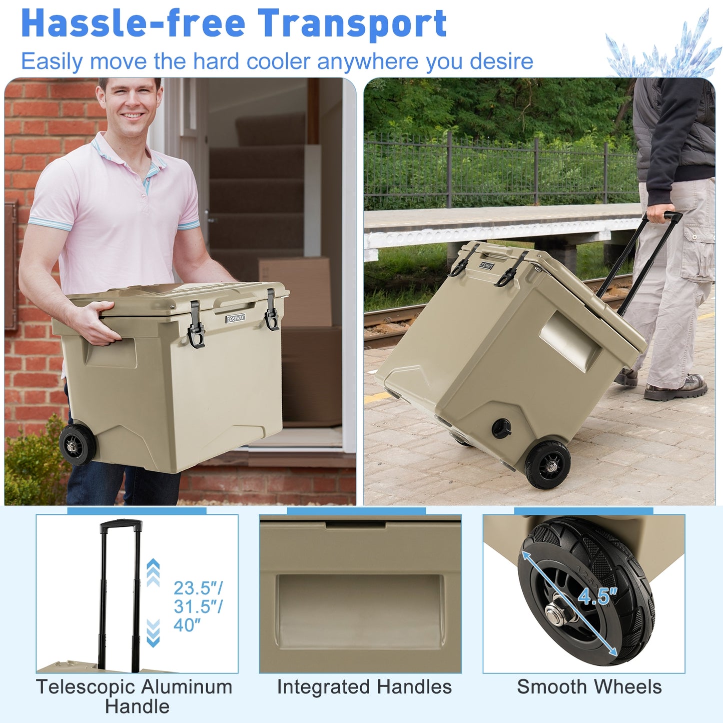 42 Quart Hard Cooler with Wheels and Handle-Tan