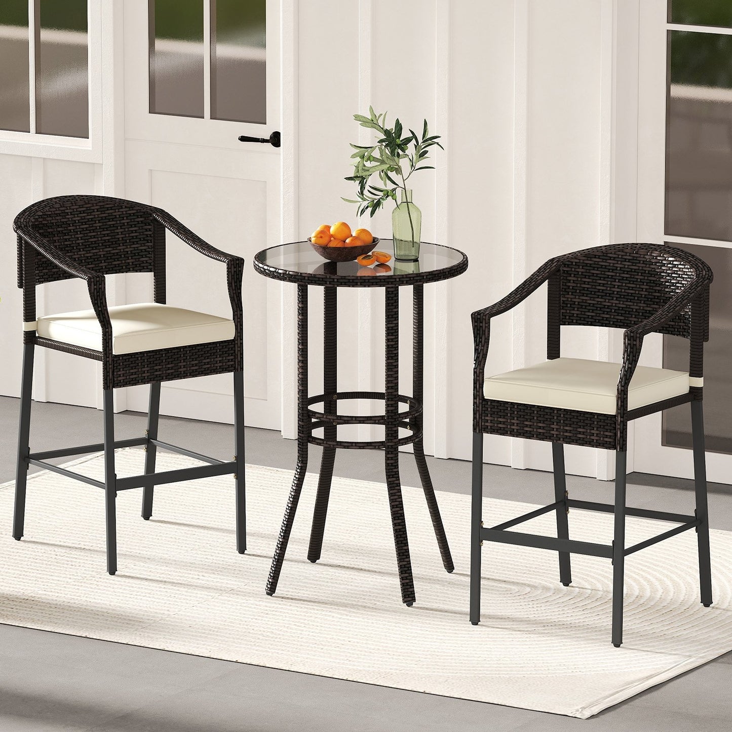 3-Piece Patio Rattan Bar Set with Tempered Glass Top for Backyard Poolside-Brown