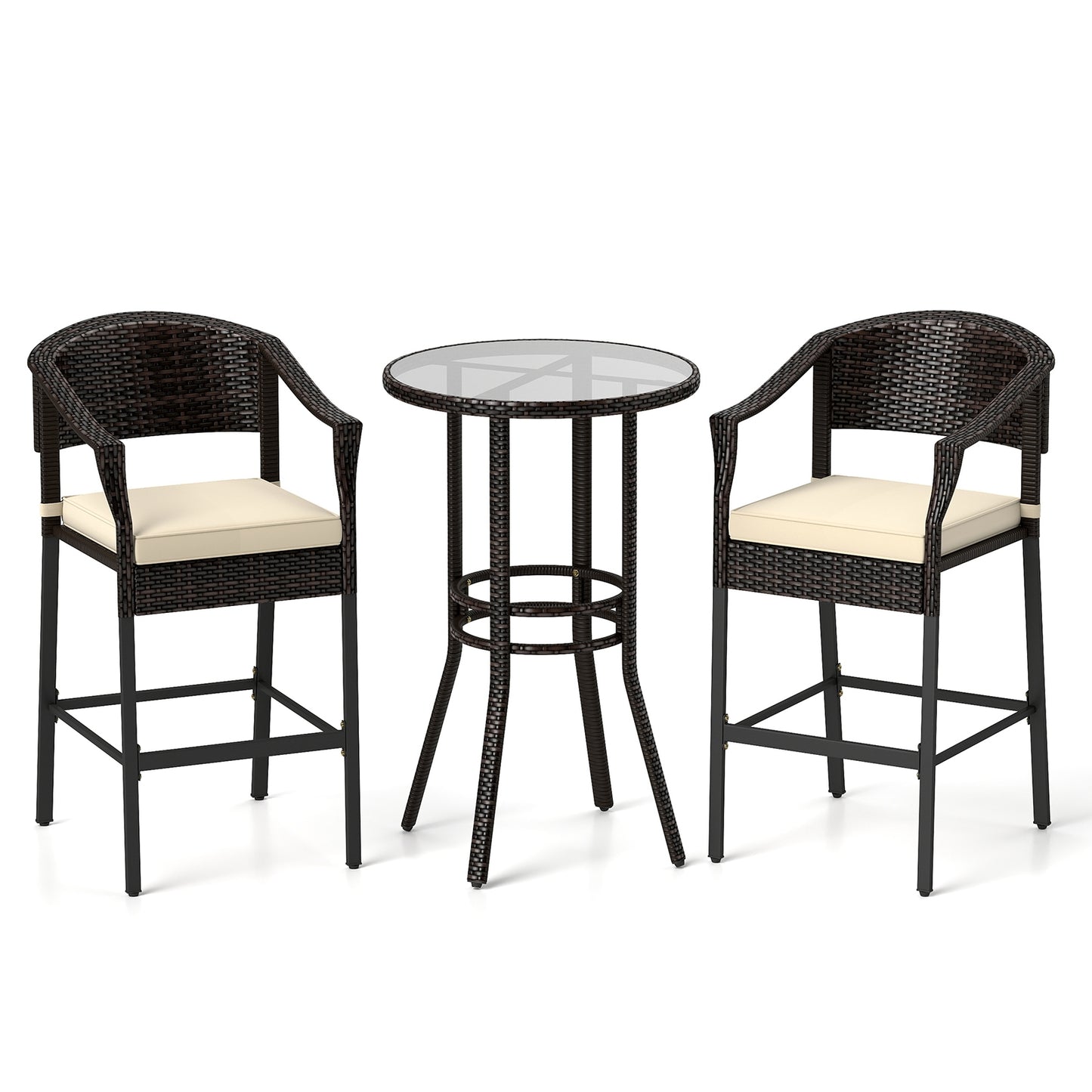 3-Piece Patio Rattan Bar Set with Tempered Glass Top for Backyard Poolside-Brown