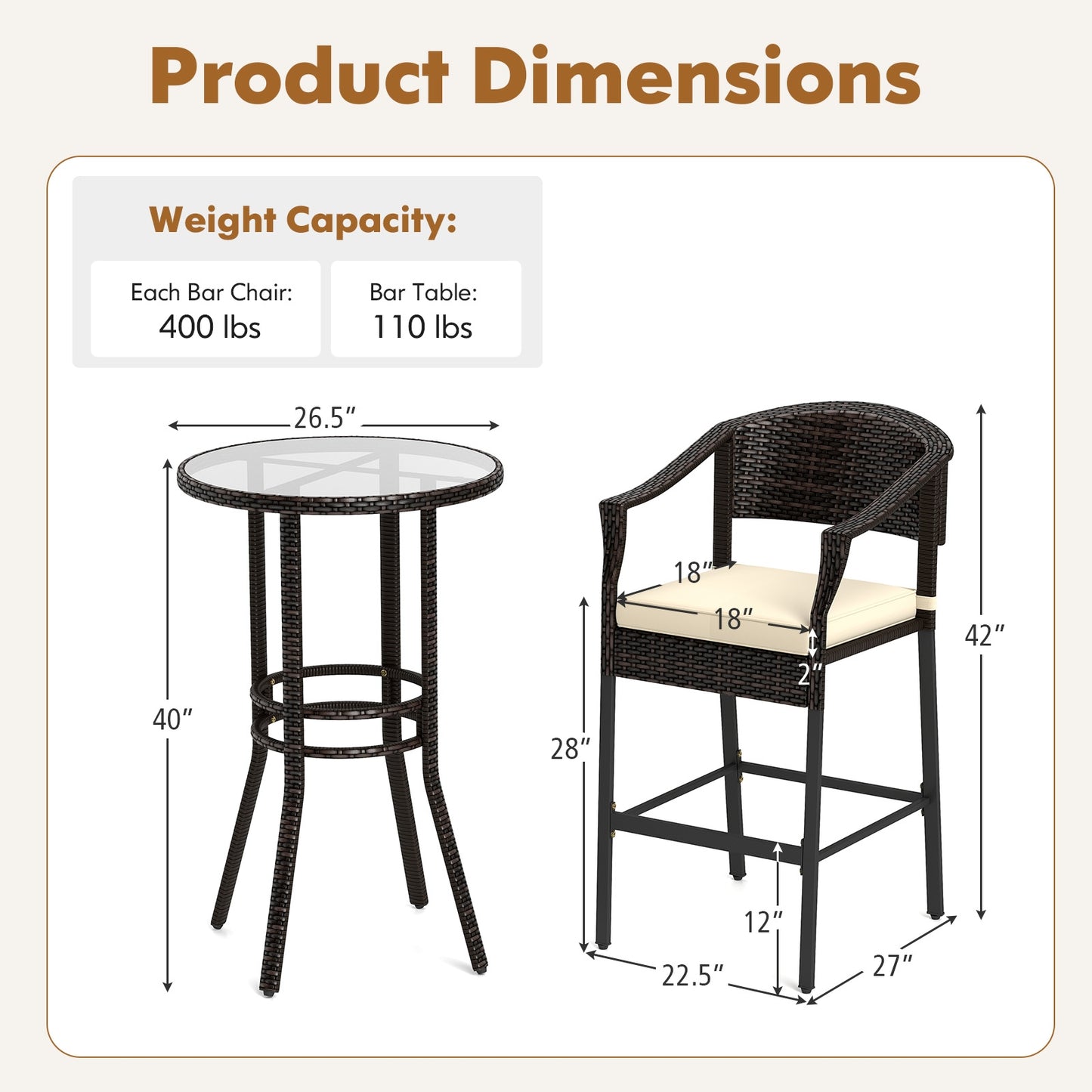 3-Piece Patio Rattan Bar Set with Tempered Glass Top for Backyard Poolside-Brown