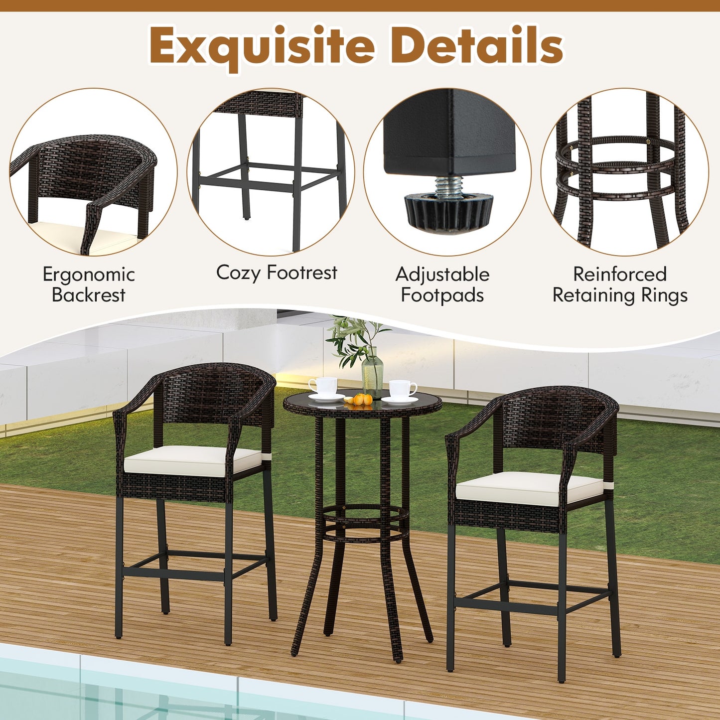 3-Piece Patio Rattan Bar Set with Tempered Glass Top for Backyard Poolside-Brown