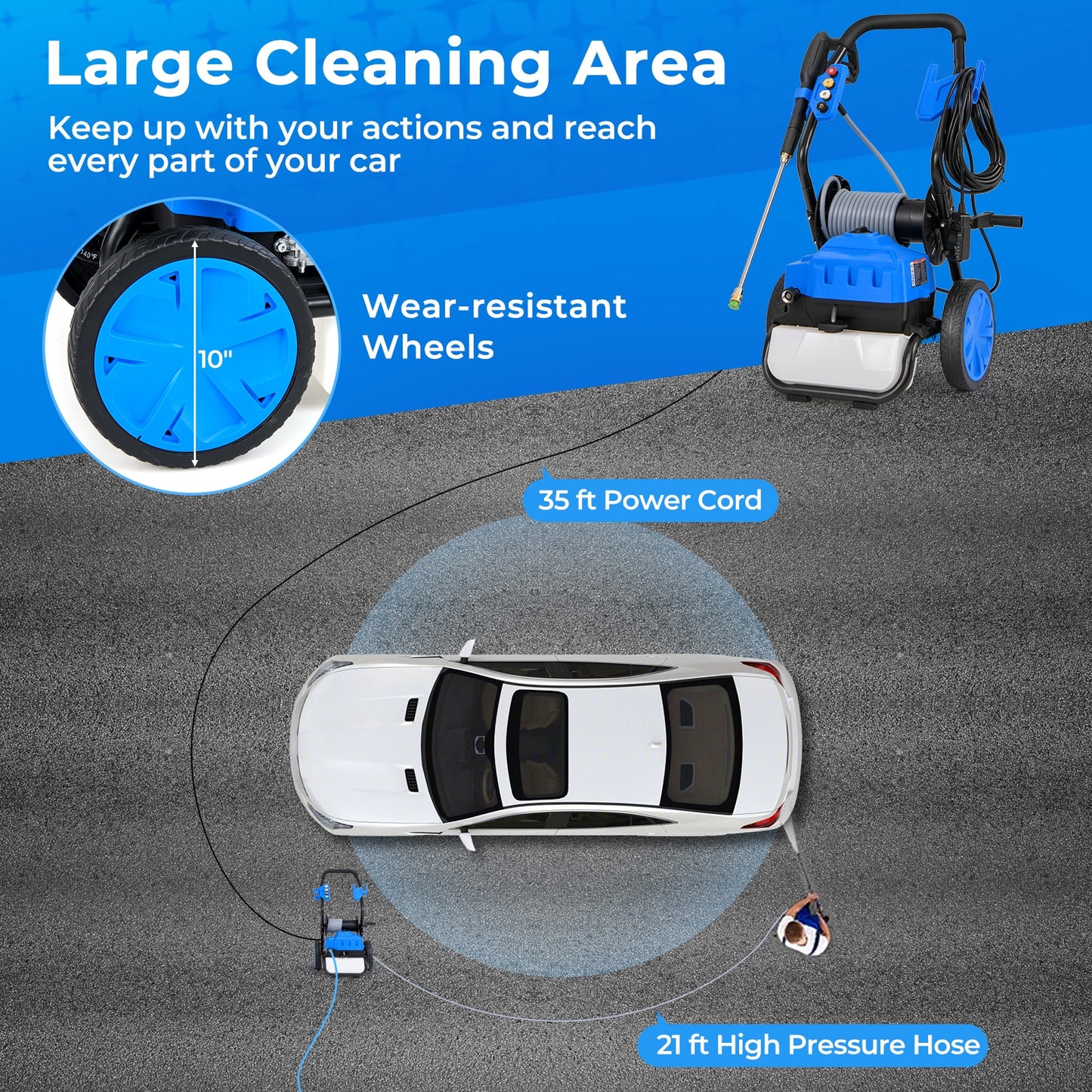 2300 PSI 1.8 GPM Electric Pressure Washer with Wheels and 5 Quick Connect Nozzles-Blue