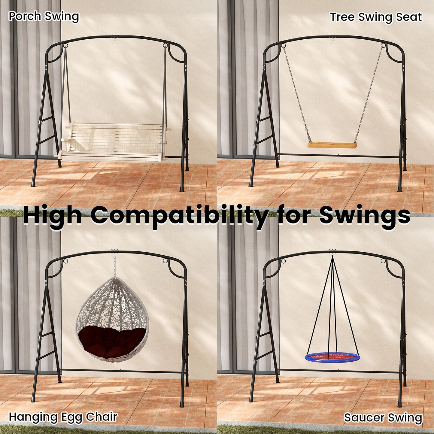 Outdoor Metal Swing Stand with 4 Support Bars and 2 Hanging Ways-Black