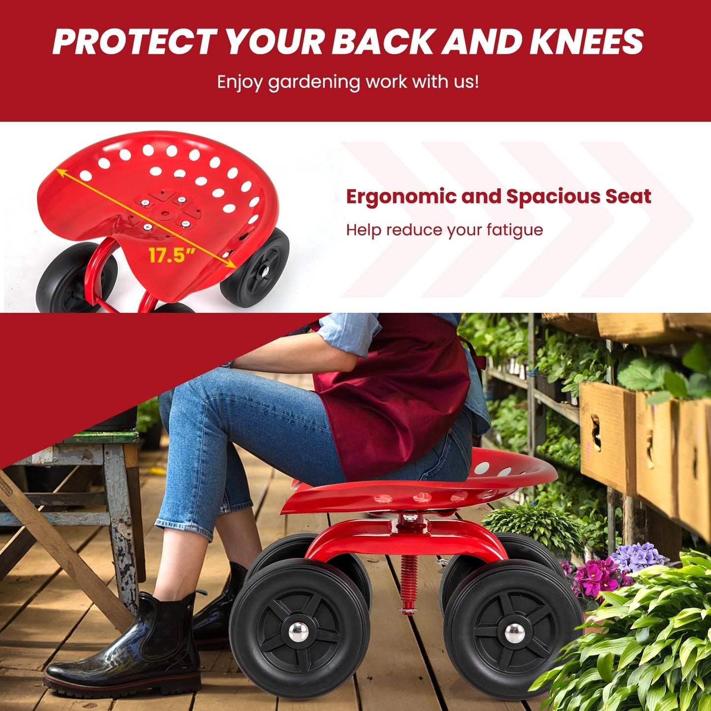 Garden Rolling Workseat with 360° Swivel Seat and Adjustable Height-Red