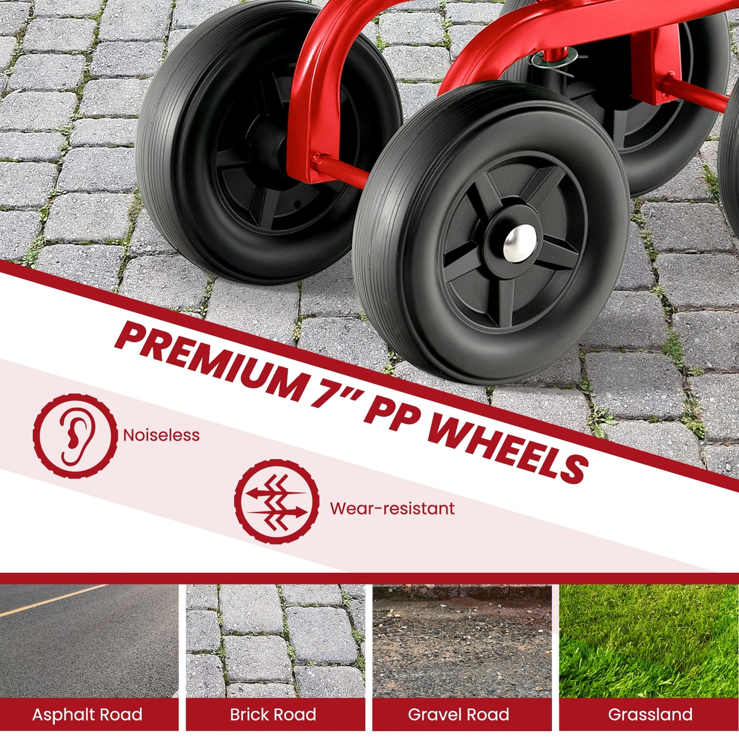 Garden Rolling Workseat with 360° Swivel Seat and Adjustable Height-Red