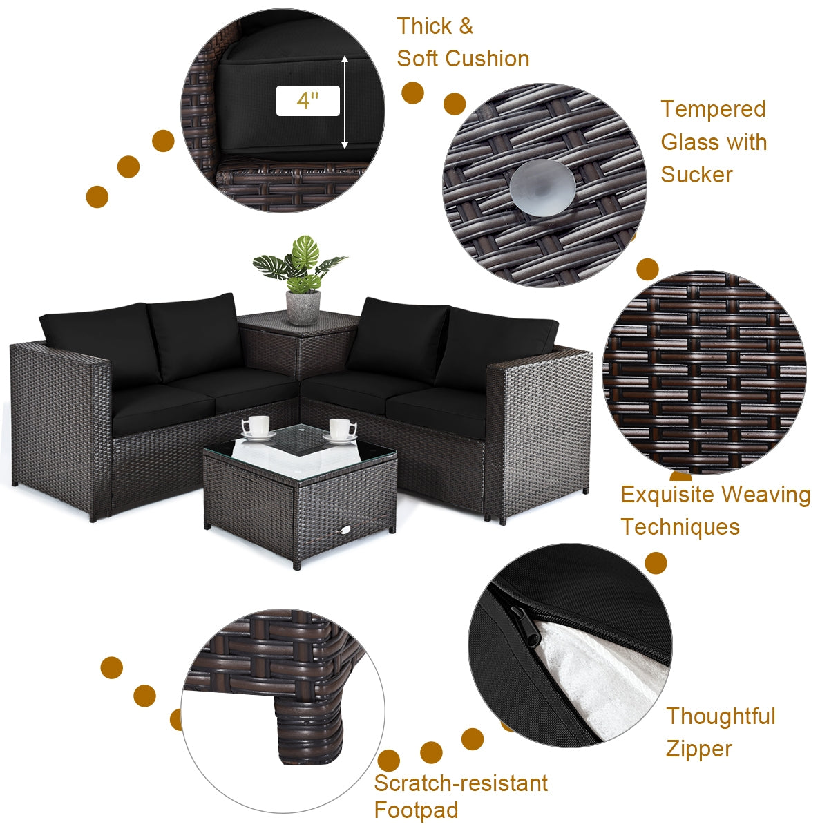 4 Pieces Outdoor Patio Rattan Furniture Set with Loveseat and Storage Box-Black