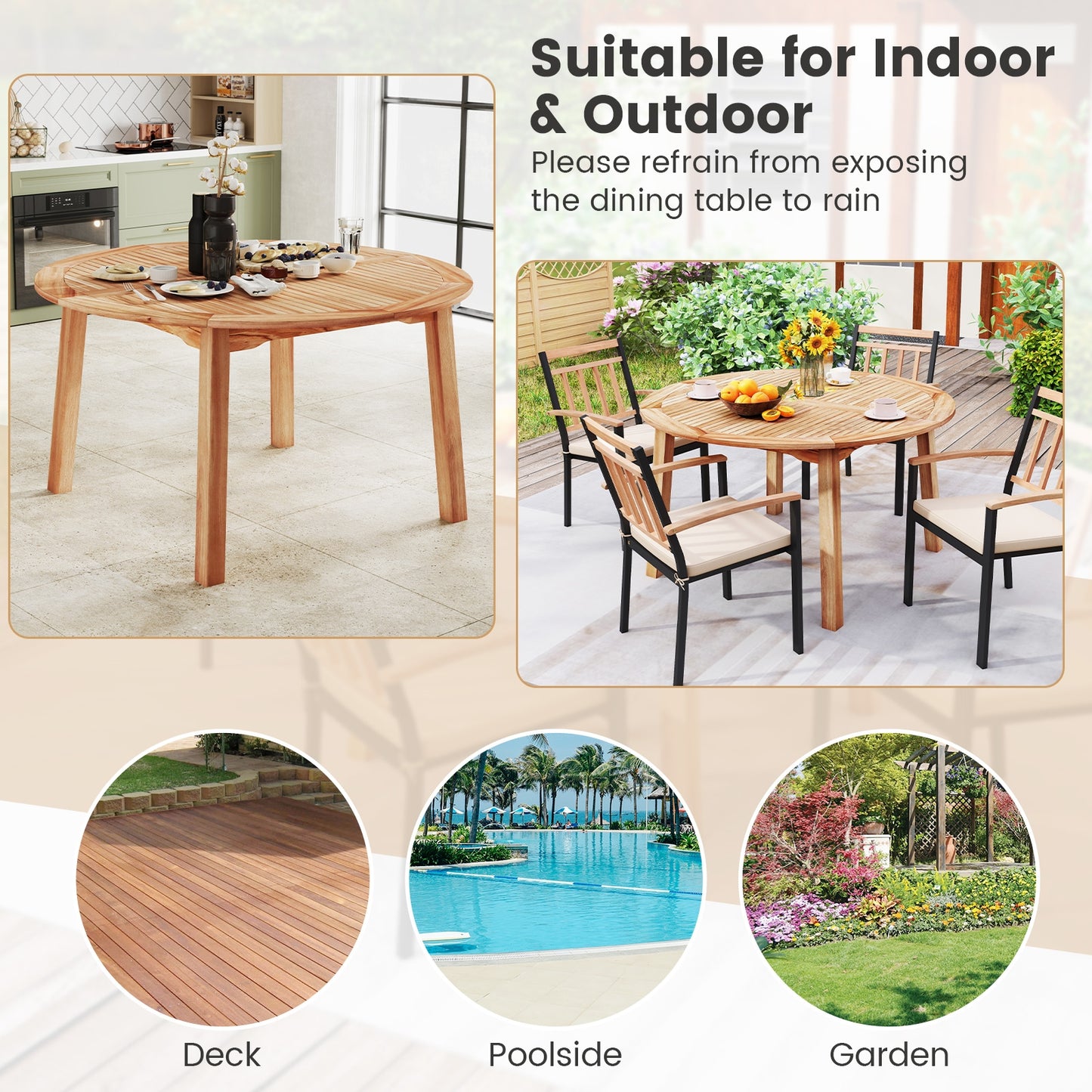 53 Inch Outdoor Acacia Wood Dining Table for 4-6 People