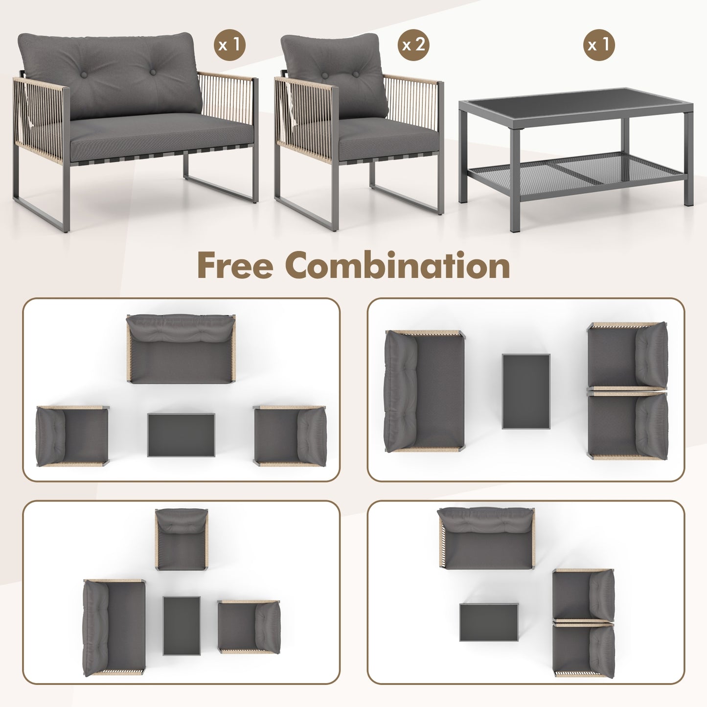 4 Pieces Outdoor PE Rattan Conversation Sofa Set with Cushions-Grey