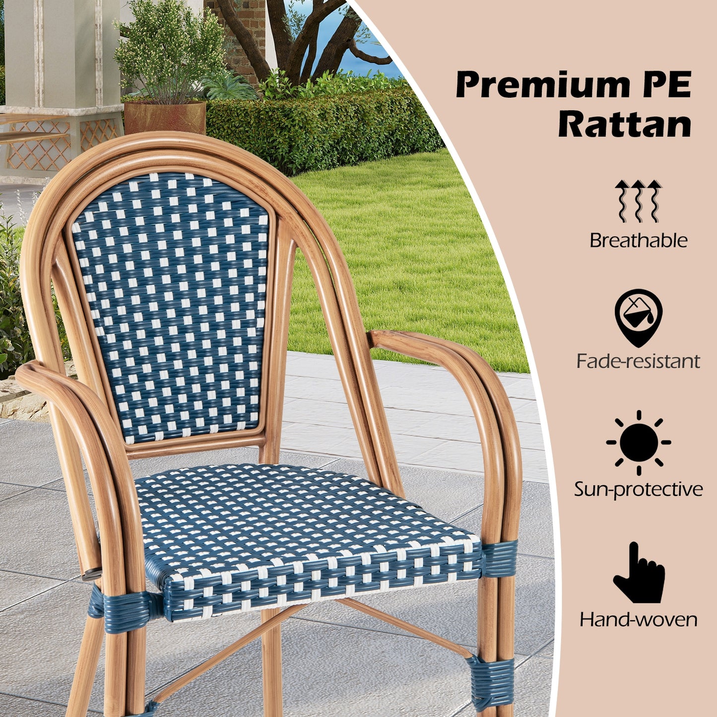 Hand-Woven PE Wicker Outdoor French Bistro Chairs Set of 2-Blue