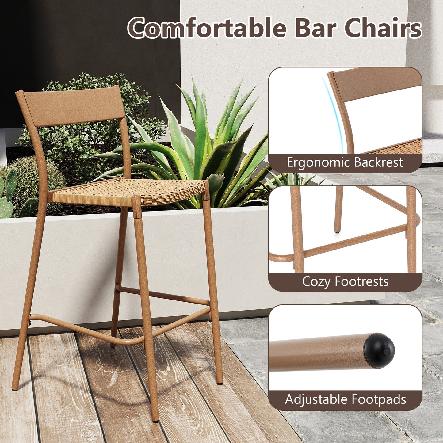 Patio Barstools Set of 4 with Rattan Seat and Metal Backrest-Light Brown