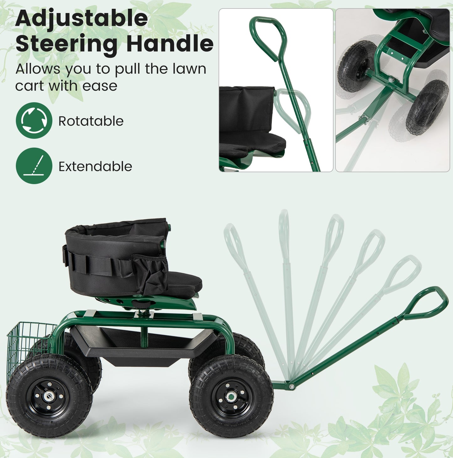 Cushioned Rolling Garden Cart Scooter with Storage Basket and Tool Pouch-Green